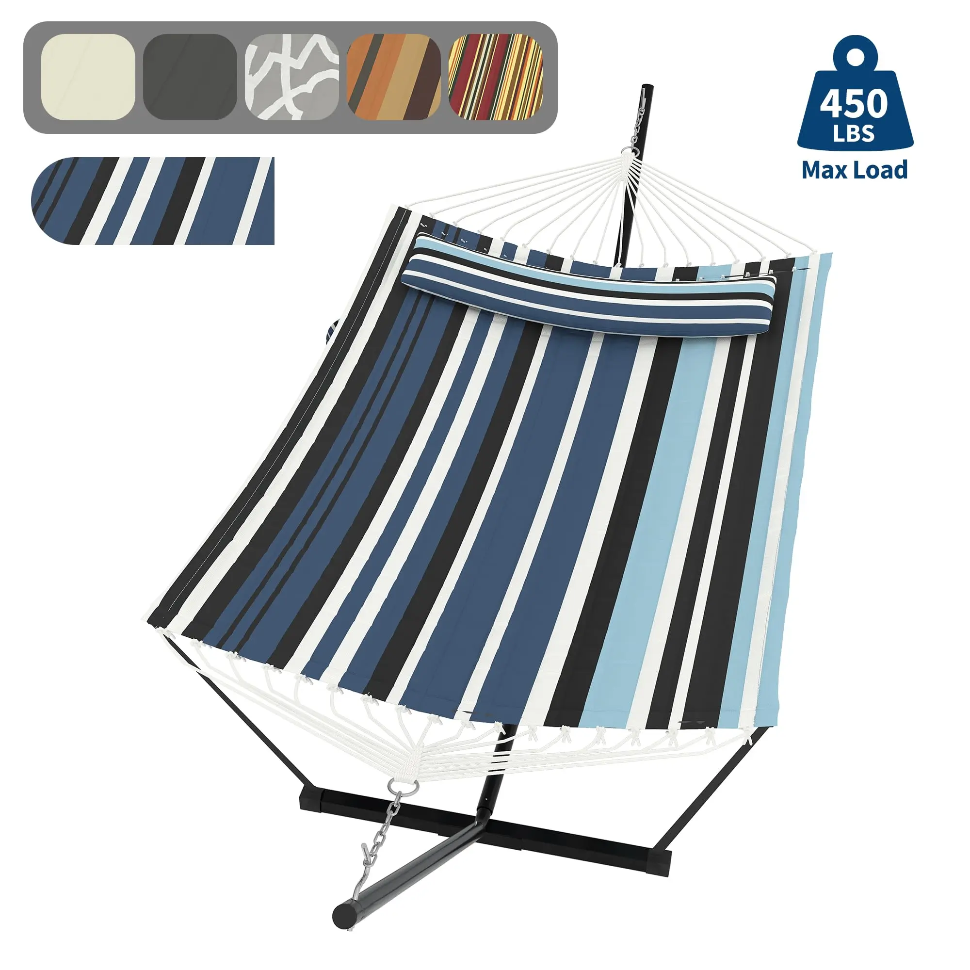 2 Person Outdoor Hammock with Stand, Double Hammock Equipped with Pillow, Max 450 Lbs Load Capacity & Balance Rope, Large Hammock for Patio, Backyard and Poolside