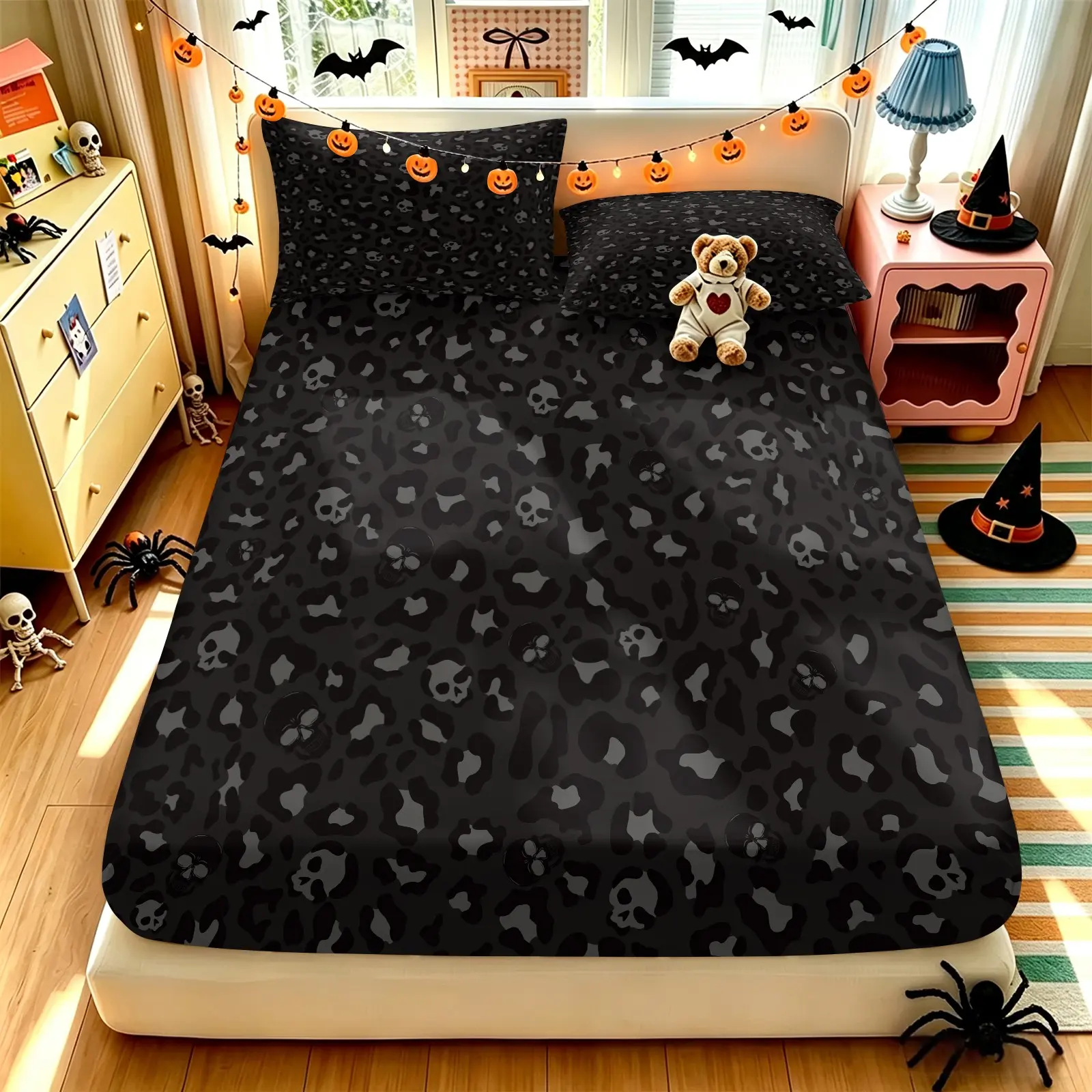 3Pcs Halloween Skull Leopard Fitted Sheet Set, Black Dark Leopard & Skull Print Fitted Sheet with 2 Pillowcases, Soft Breathable All Round Elastic Fitted Sheet, Halloween Decor Bedding Set for Bedroom Dorm Home Decor, Decorative Bedsheet Sets