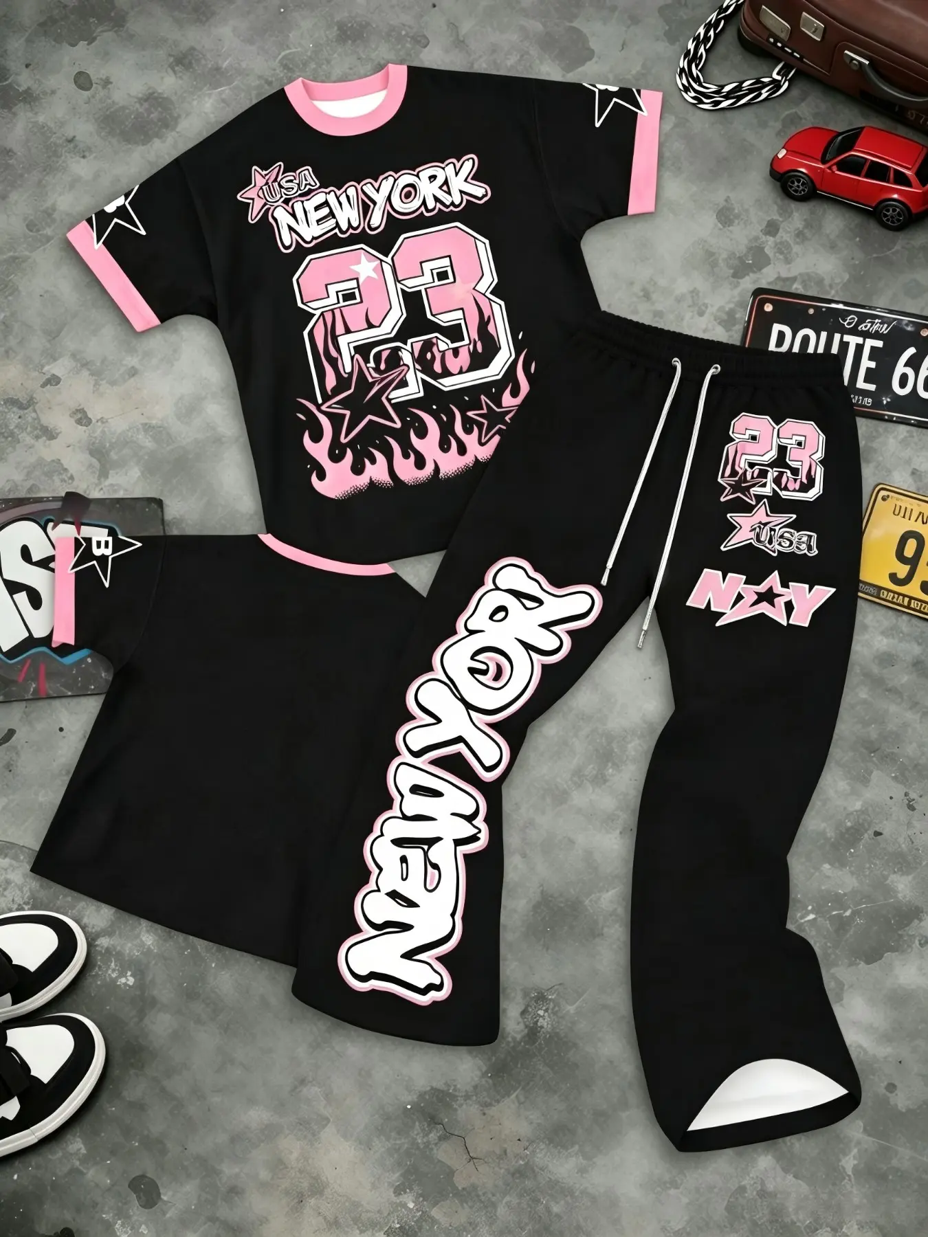 NY City Men’s Scimitar Pants Matching Set For Teen Guys Soft Stretch Tee Pink Flame 23 Star Print Casual Pants Skate Daily Viral Y2K Co Ord