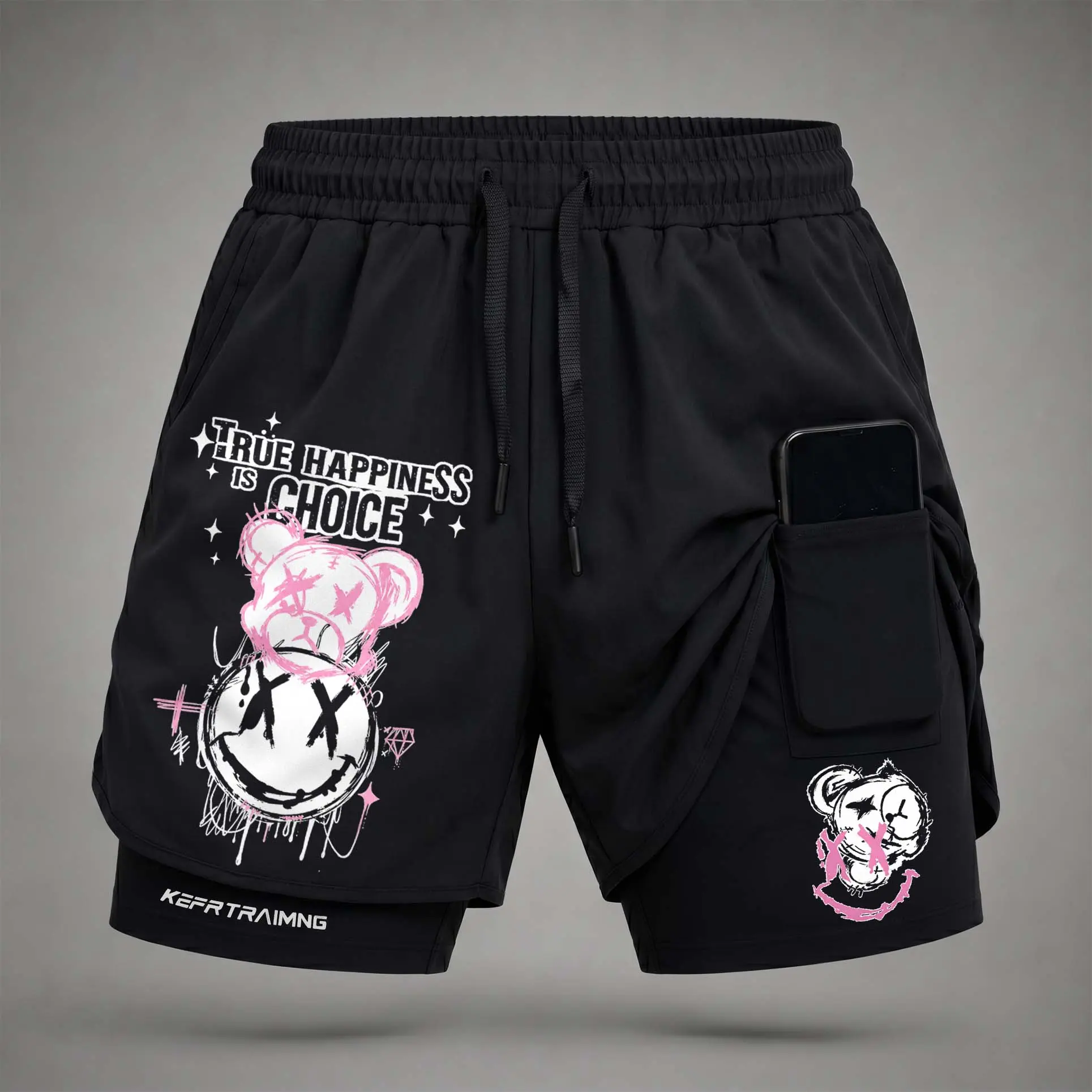 Men’s" A Cute, Doodle-Style Bear Featuring Pink Elements. Graphic Print 2-in-1 Athletic Shorts, Built-in Compression Liner, Secure Inner Phone Pocket, Elastic Drawstring Waist, Quick-Dry Gym Running Training Shorts for Summer Daily Wear