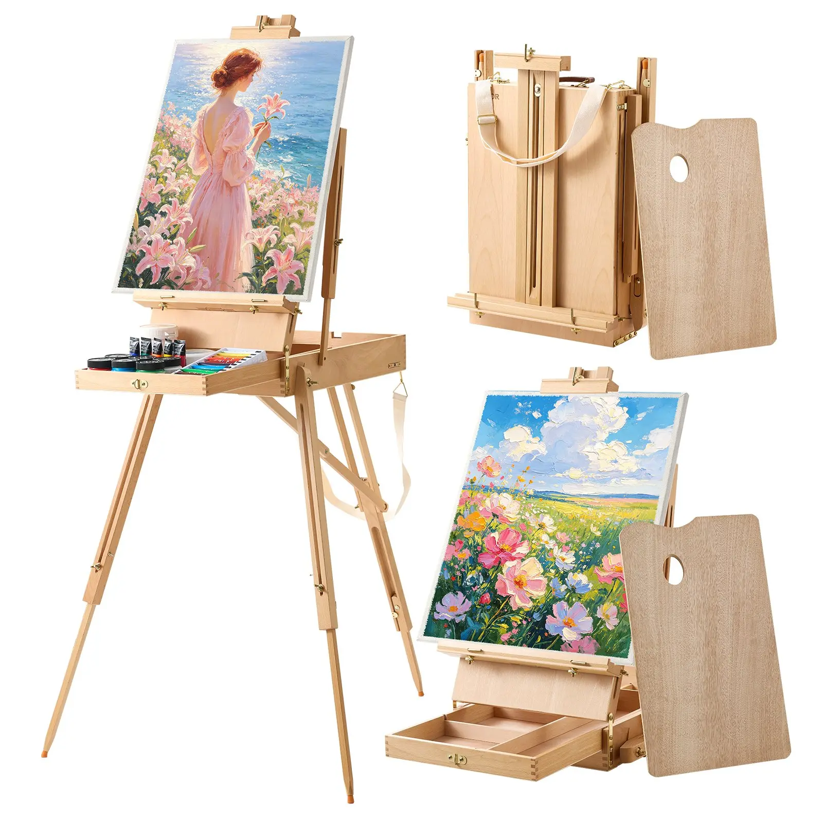 VEVOR French Easel, Solid Beech Wood Sketchbox Easel Stand, Holds Canvas up to 33.86 in, Height 56.69 to 72.05 in, Canvas Tilt 0 to 90 Degrees, with Drawer, Palette and Shoulder Strap