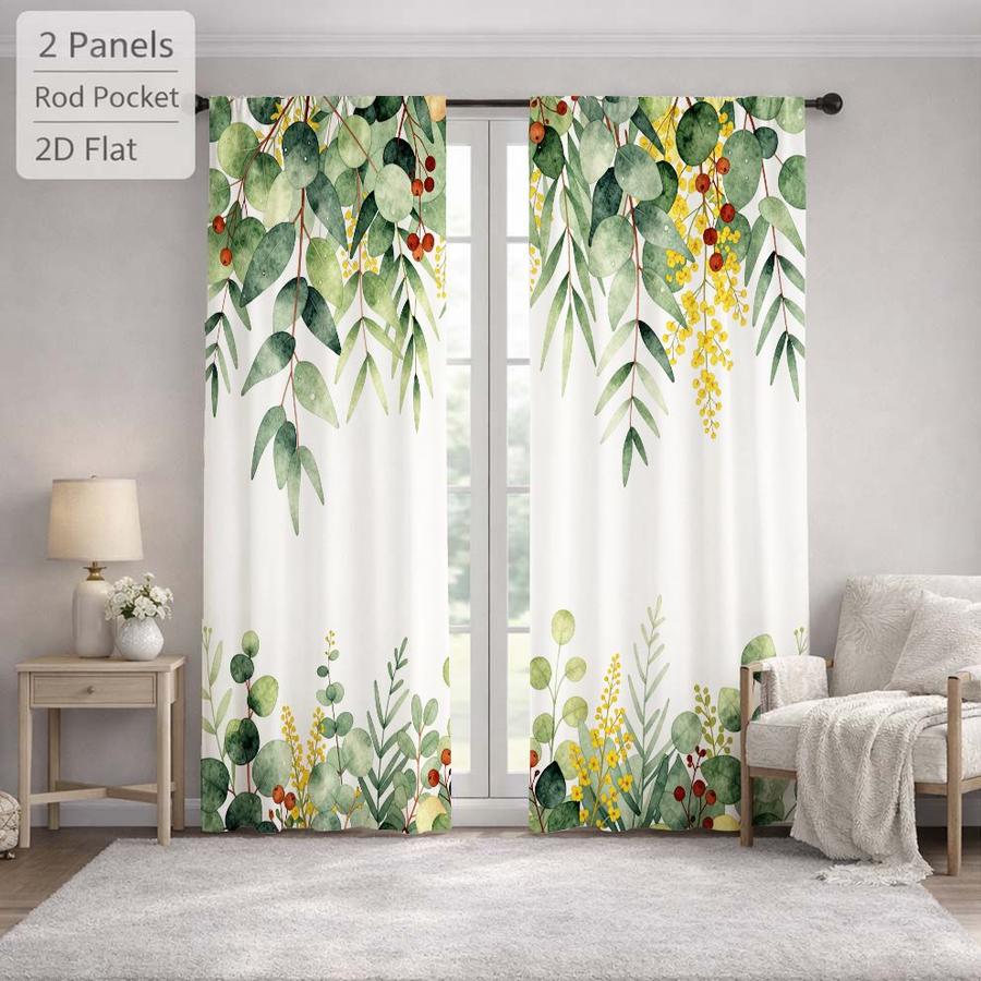 2Pcs Botanical Floral Pattern Eucalyptus Leaf Curtains Digital Printed Rod Pocket, Window Treatment For Bedroom Office Kitchen Living Room Study Home Decor