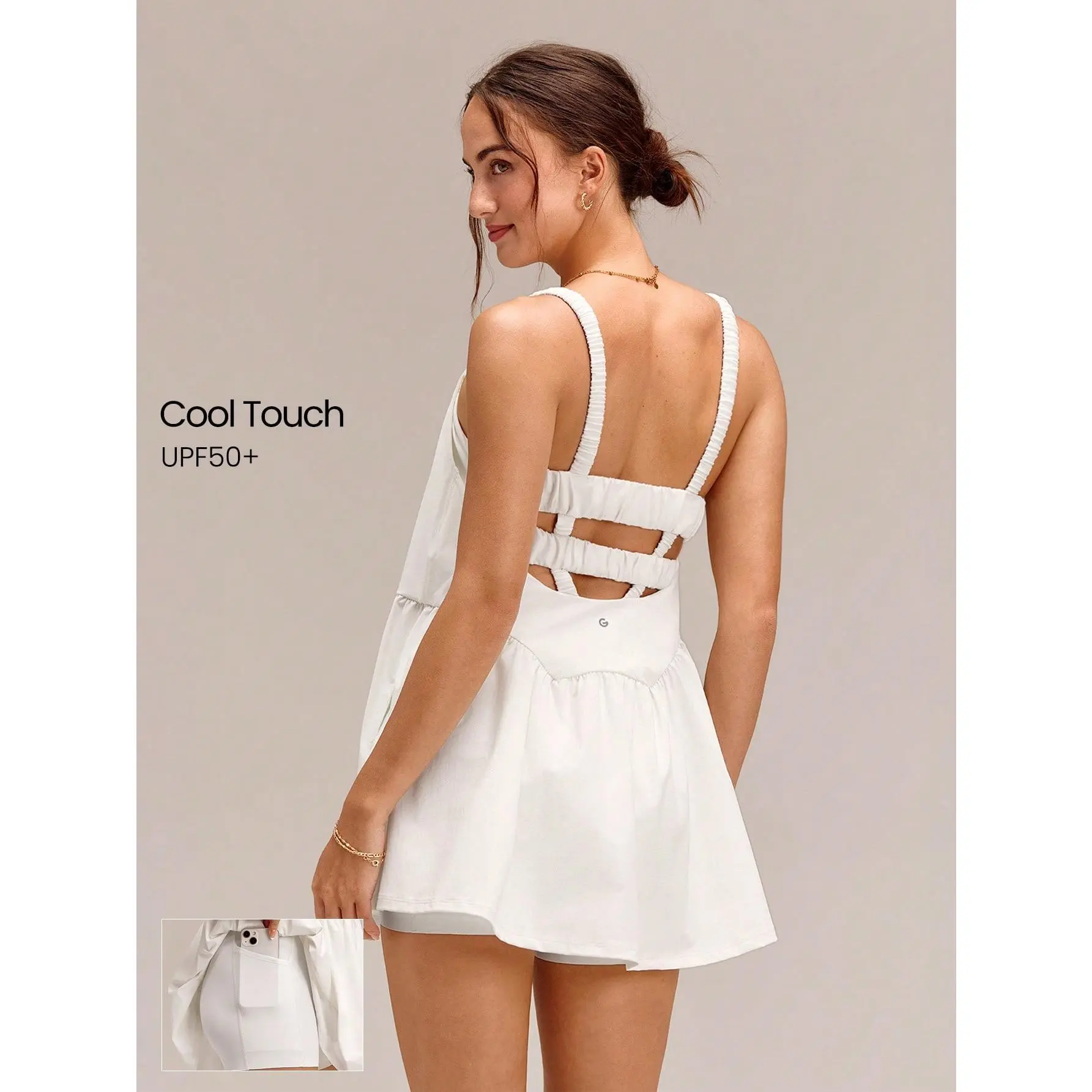 GLOWMODE Sweetheart Cooling Sweat-Wicking UV Protection Ruched Bust Flowy Skirt Removable Cups Babydoll Dress & Separate Shorts Set Summer Daily Casual Wear