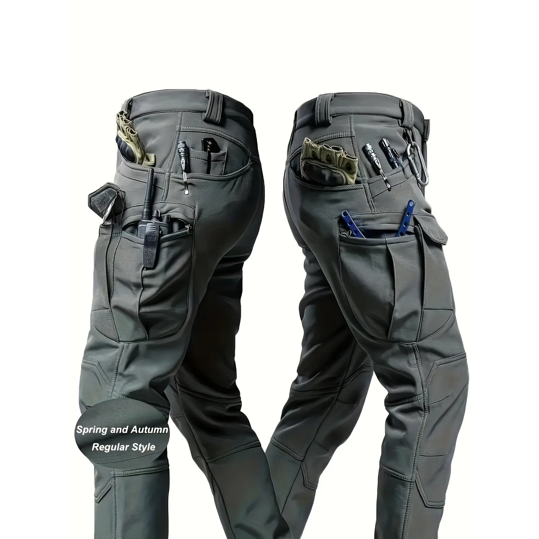 Men's Tactical Cargo Pants - Stretch Poly Fabric, Regular Fit, Elastic Waist, Multiple Pockets, Machine Washable, Basic Look, Full Length, Durable for Outdoor Hiking & Casual Workwear