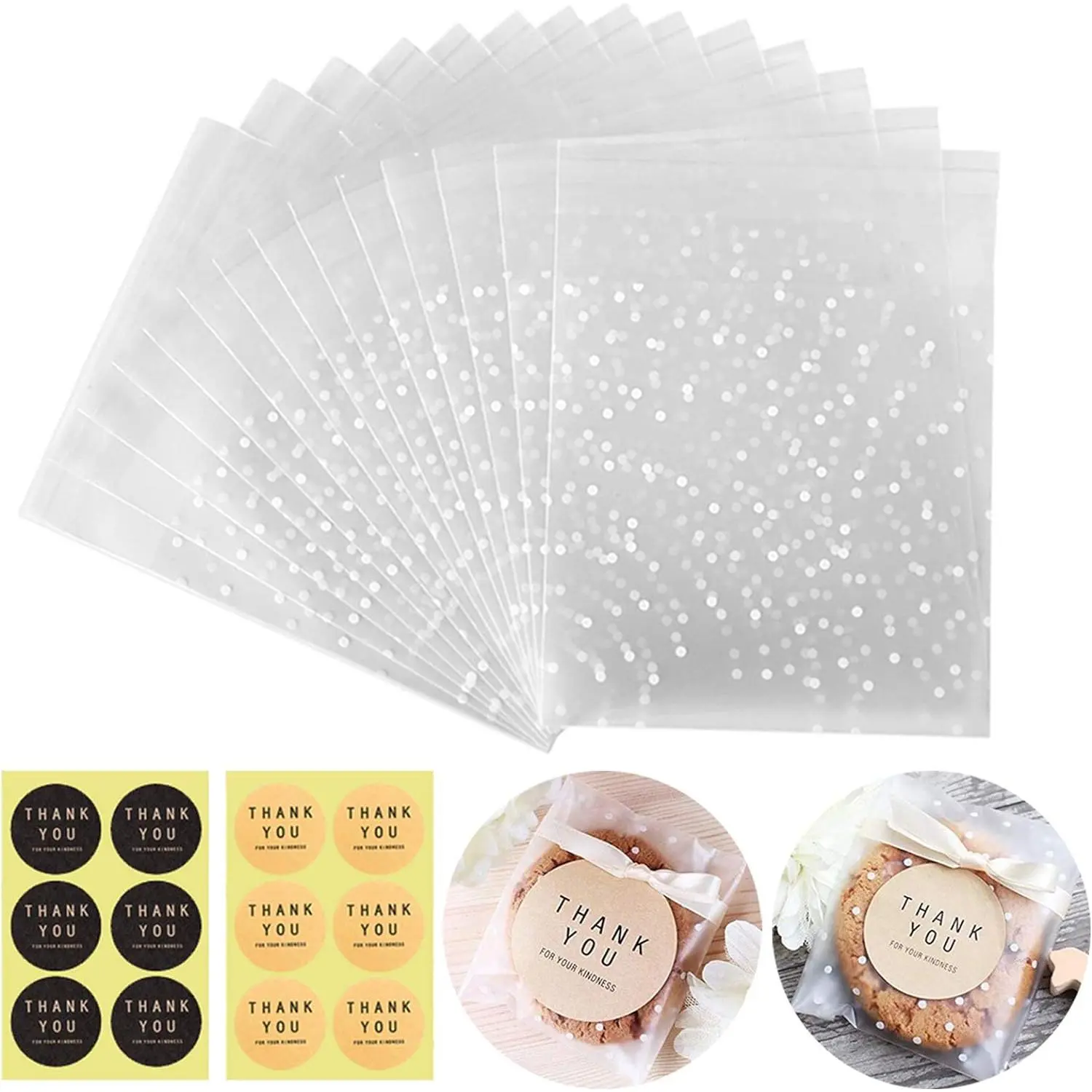 Self Adhesive Cookie Cellophane  Bags with Seal 4x4 Inches, 4 Mils Self Sealing Resealable Plastic Packaging Bags with Thank You Labels for  Giving Party Favor Bakery Candy  100 count