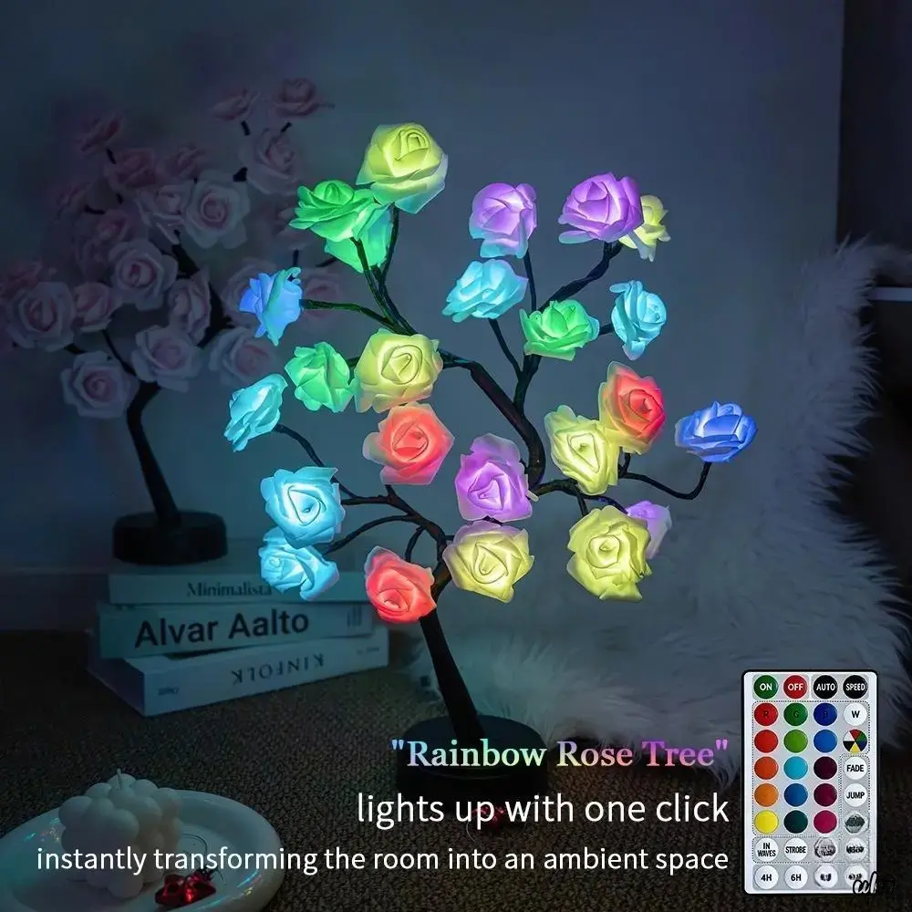 LED Rose Tree Lamp with Artificial Roses - Cordless Decorative Nightlight with Wireless Remote, Dual Power Ambient Glow Light for Bedroom Home Decor, Led Lights Bedroom, Led Lamp