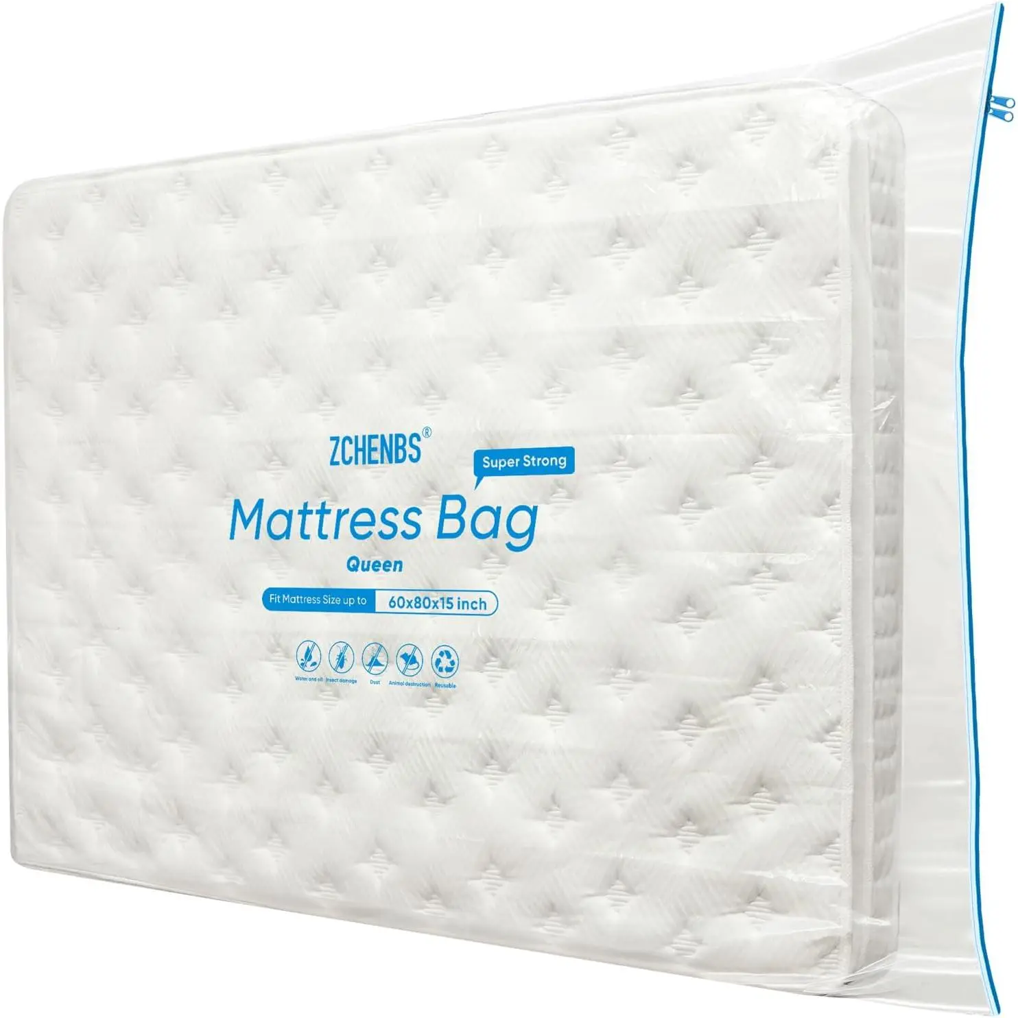 ® - Queen Mattress Bags for Moving, Waterproof Mattress Bag with Zipper,-Duty 5 Mil-Thick Bed Protector Cover for Moving, Reusable (Transparent/Blue, 2 Pack)