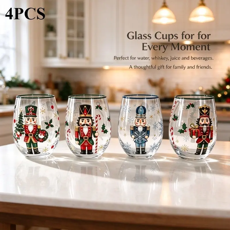 Christmas Nutcracker Stemless Wine Glasses Set of 4, Cute Holiday Drinking Cups, Xmas Gift for Women, Family Party Barware, Glass Drinkware