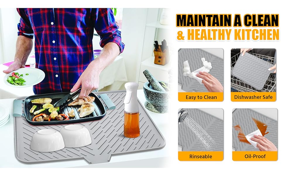 Silicone Dish Drying Mat with Built-in Drain Lip - Hygienic Drying Pad - Sturdy Compact Easy to Clean Tray Protects Surfaces Prevents Water Build Up - 23 X 17 (Grey)