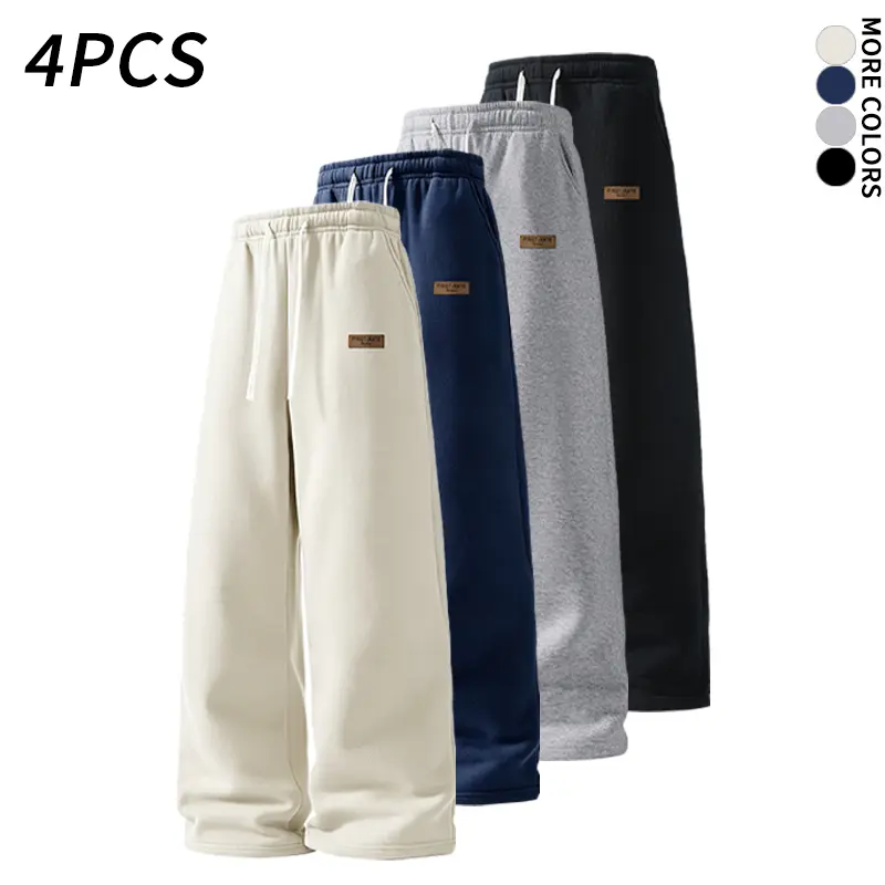 Men's 4-Pack Relaxed Fit Fleece Blend Full Length Jogger Pants, Warm Wide Leg Sweatpants with Drawstring Elastic Waist, Side Pockets for Streetwear Outfits, Gym, Polyester Clothes, Baggy Sweatpants, Men's Pants