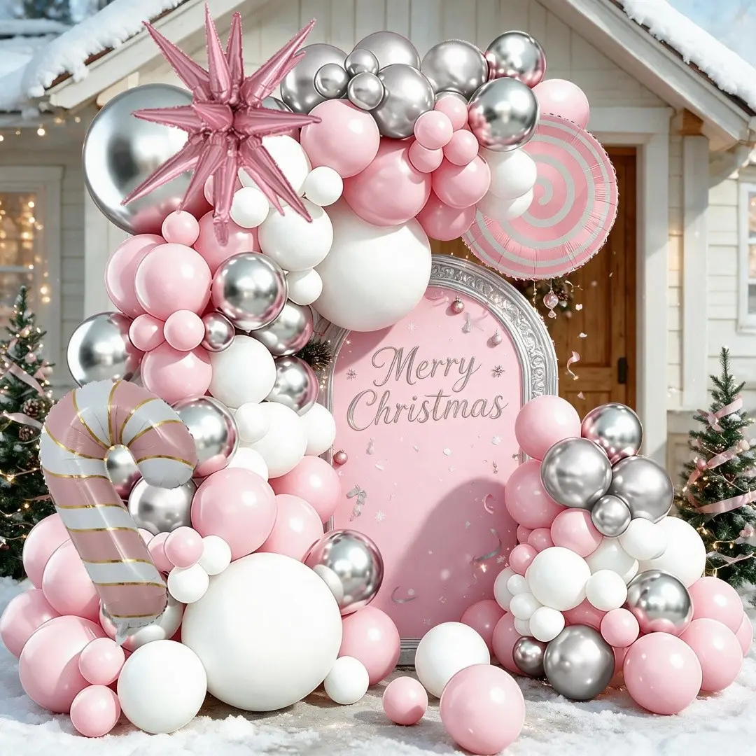 108 Piece Silver Christmas Balloon Arch Kit, Candy Cane, Exploding Star, Lollipop Foil Balloons, Party Decor, Winter Home Gathering Background