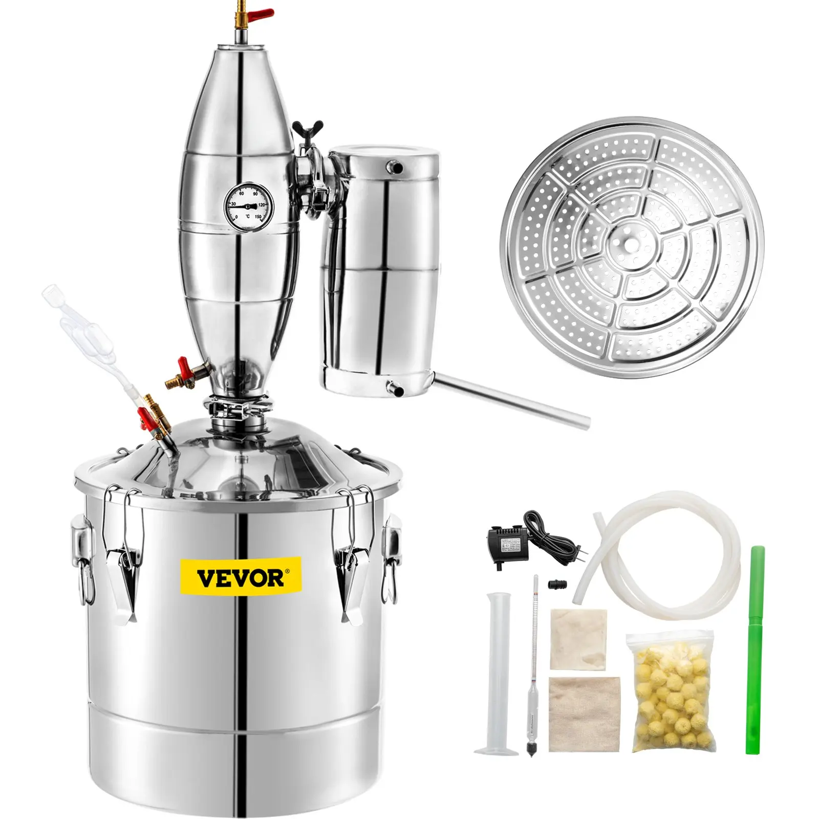 VEVOR 70L/18.5Gal Sturdy 304 Stainless Steel Water Alcohol Distiller Set, Ceramic Filter & Pump Equipped Wine Making Boiler Home Kit with Thermometer for Whiskey, Brandy, Silver