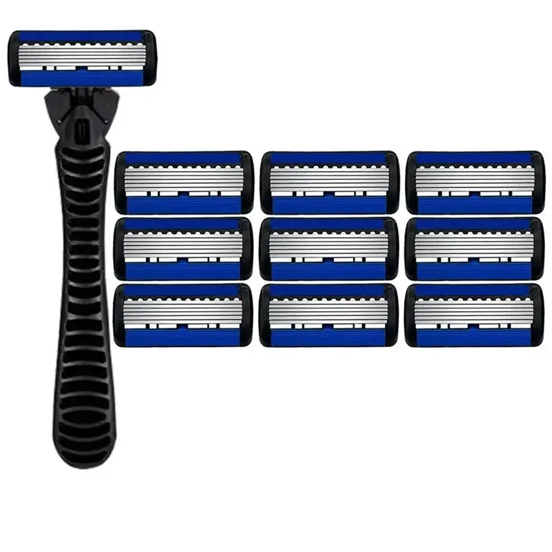 Men's manual safety shaver with 1 handle and 10 replacement blades, washable stainless steel streamlined 6-layer blades