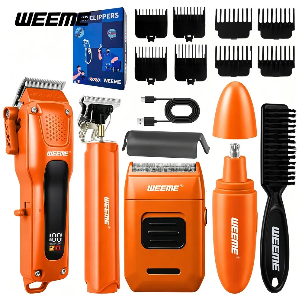 Weeme Professional Hair Clipper Set, Wireless Electric Trimmer with LED Display, USB Rechargeable, 8 Combs