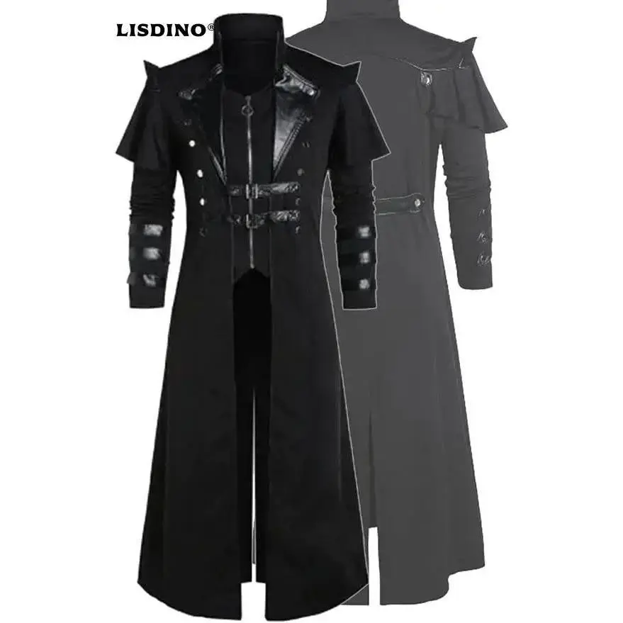 Men's Steampunk Gothic Double-Breasted Zipper Long Trench Coat Jacket, Mens Clothing Cosplay Medieval Costume Tops, Black