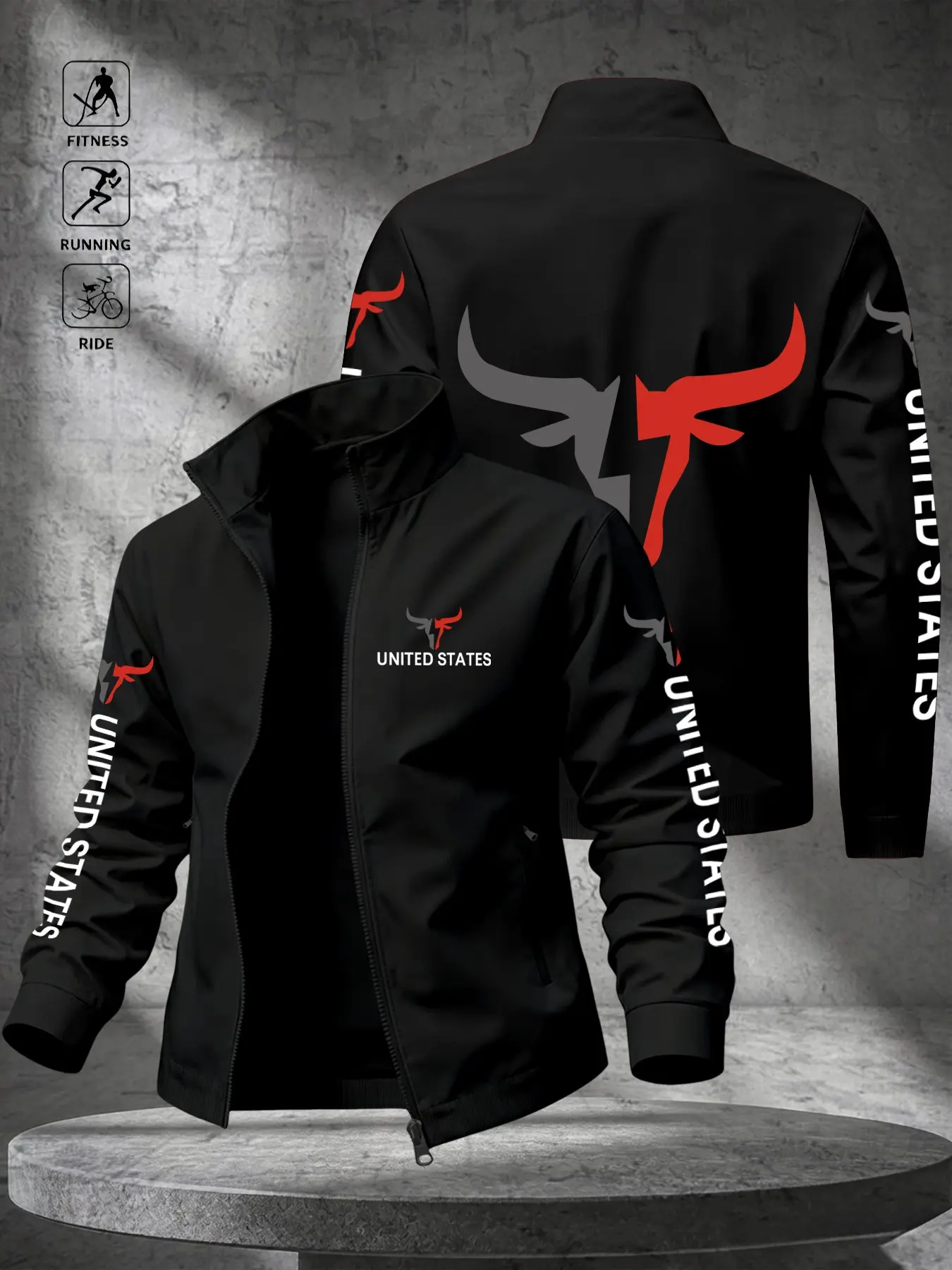 Men's Stand Collar Zipper Jacket, American Sporty Style, Back Bull Logo, Letter Print, Durable Fabric, Zip Pockets, Ideal for Running, Cycling, Outdoor Activities