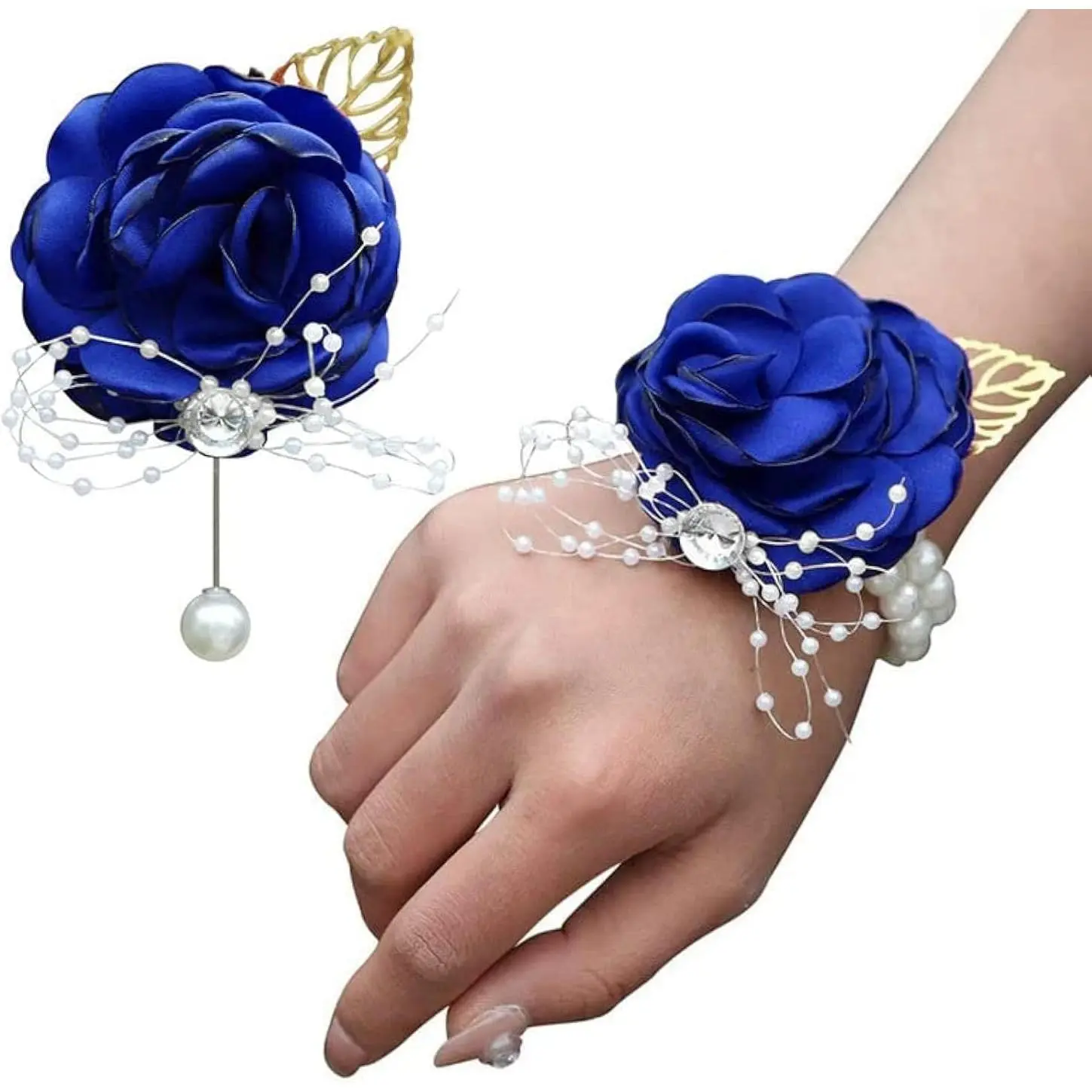 Blue Bridesmaid Wrist Corsage Wedding Flowers Prom Rose Corsage and Boutonniere Set for Wedding Party Prom Wedding Ceremony Anniversary Set of 2(Blue)