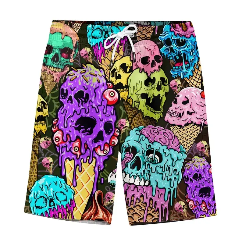 Skull Ice Cream Swim Trunks With Lining, Funny Horror Beachwear, Neon Gothic Swimwear, Summer Vacation Outfit