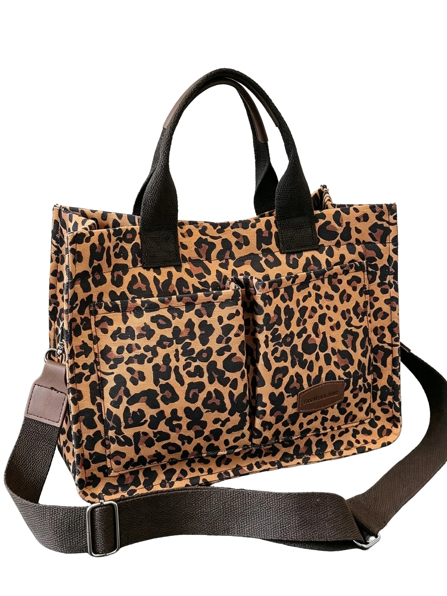 Women's Leopard Print Canvas Tote Bag, Vintage Crossbody Shoulder Bag, Large Capacity Commuter Bag, Adjustable Strap, Fashionable Travel Bag