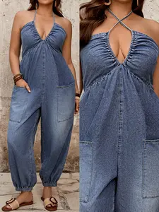 Women's Plus Size Cross Strap Denim Jumpsuit, Ruched V Neck, Elastic Sleeves, Deep Blue Summer Casual Resort Wear, Bohemian Boho Y2K Style, Pockets Included