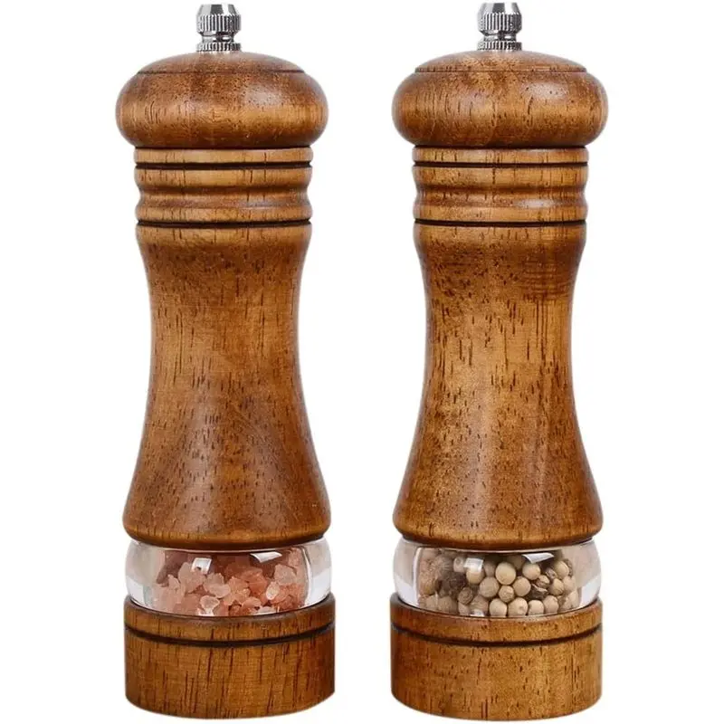 2 Pack 6 Inch Beech Wood Salt and Pepper Grinder Set, Manual Spice Mill with Ceramic Grinding Core, Adjustable Coarseness, Wooden Pepper Grinding Bottles for Home Kitchen Utensils