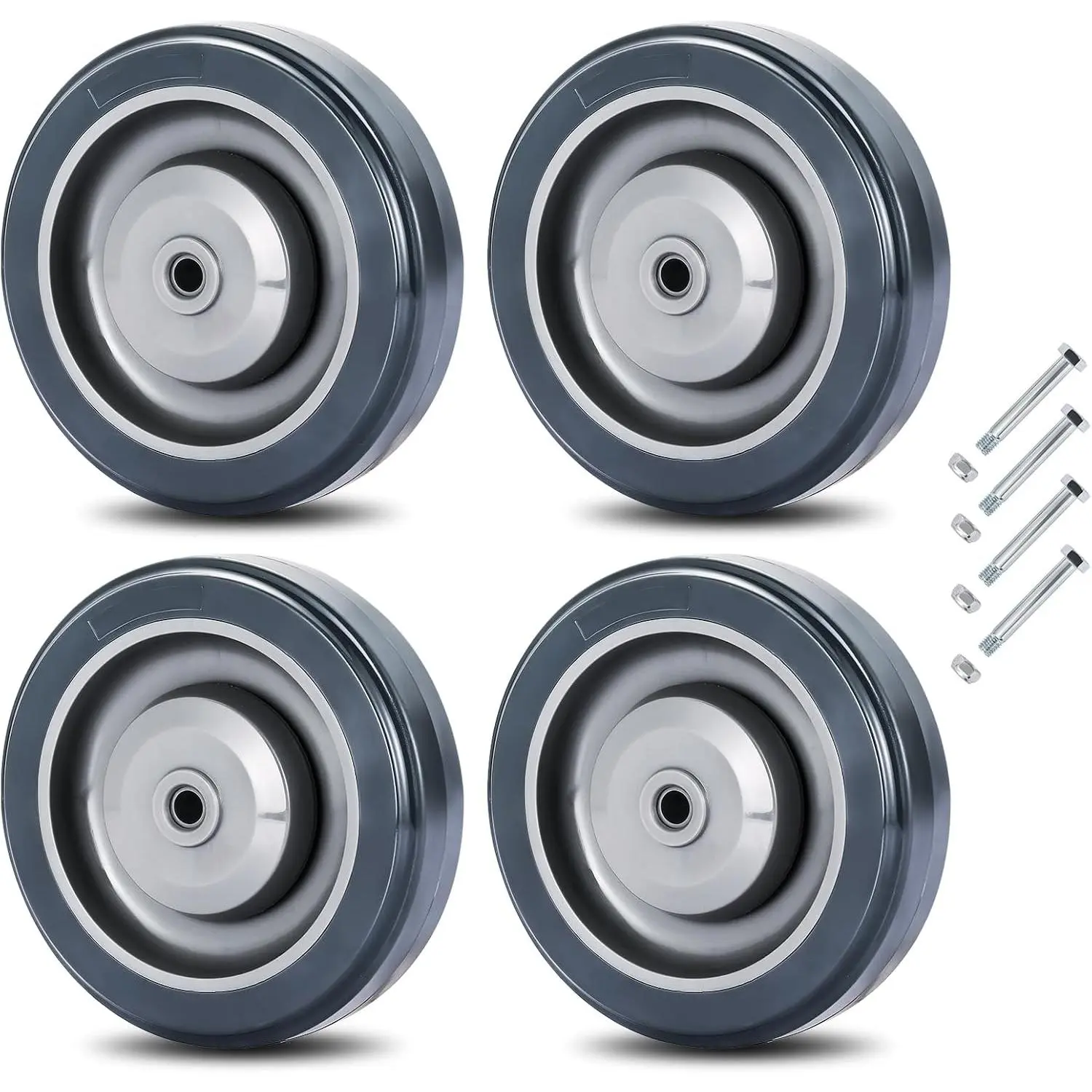 4 Pack Shopping Cart  Wheels Kit 5-inch Diameter Wheels with Axles Bolt, Polyurethane Stepped and Full Tread  w/Carbon Steel Ball Bearing Shopping Cart Wheel (Grey)