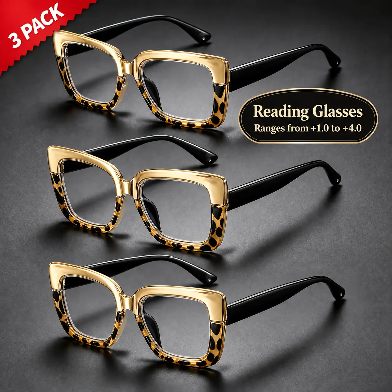 3-Pack VIOLA MAG Oversized Square Women, Trendy Rainbow Gradient Frame Fashion Large Cat Eye Readers, Anti Blue Light Lightweight Presbyopic Glasses +1.0 to +4.0