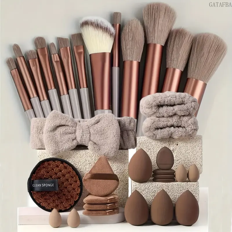 33-Piece Coffee Color Series Complete Makeup Tool Set, 35-Piece Option, Makeup Sponge, Facial Wash Kit for Sports & Outdoor Enthusiasts, 33-Piece Set In Coffee Color Series