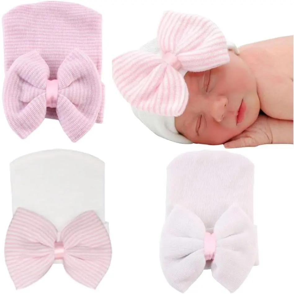 Baby Girls' Knitted Cap - Soft Cotton Warm Double Layer, Bow Adds Charm, Safe CPSIA Label, Stretch Fit Hospital Beanie for 0-3 Months Infants, Infant Hat, Newborn Hats, Cotton Infant Caps