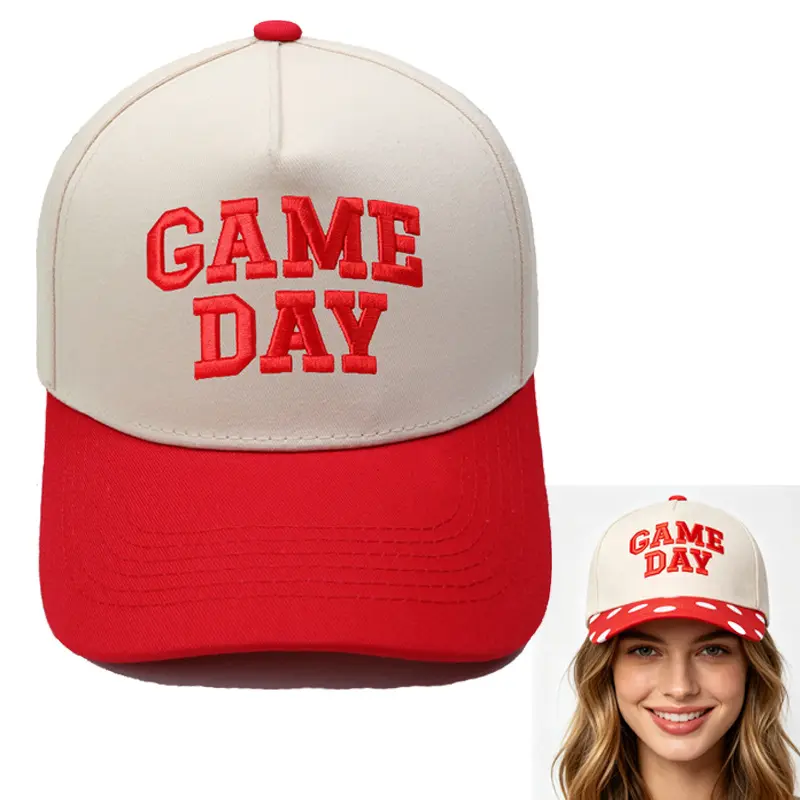 Effortless Glamour Game Day Varsity Embroidered Dad Hat Y2K Viral Two Tone Cream Red Canvas Adjustable Sports Fan Tailgating Football Season Women Cap