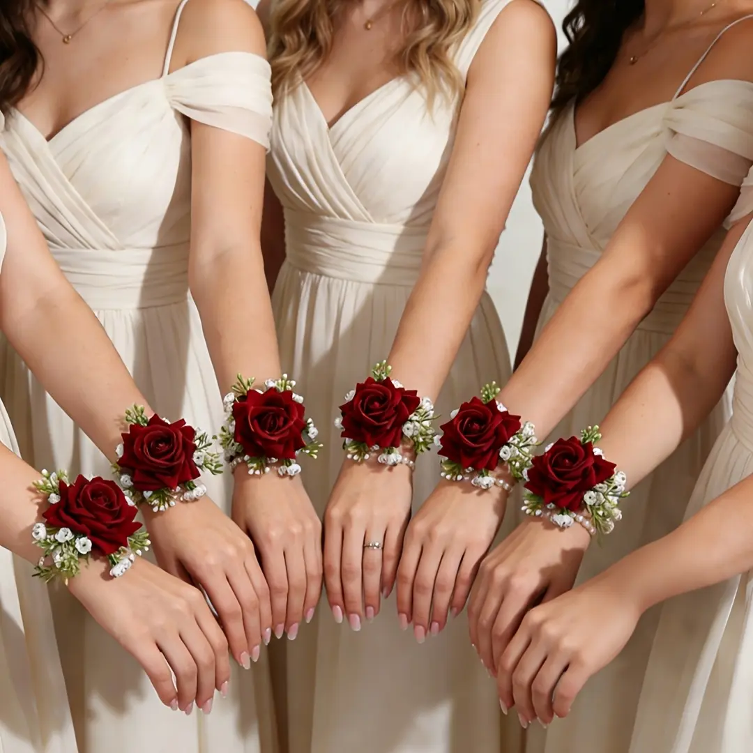 6-Piece Artificial Wrist Corsage Set, Elegant Fabric Rose Wedding Accessories, Lightweight Fit for Brides & Bridal Parties