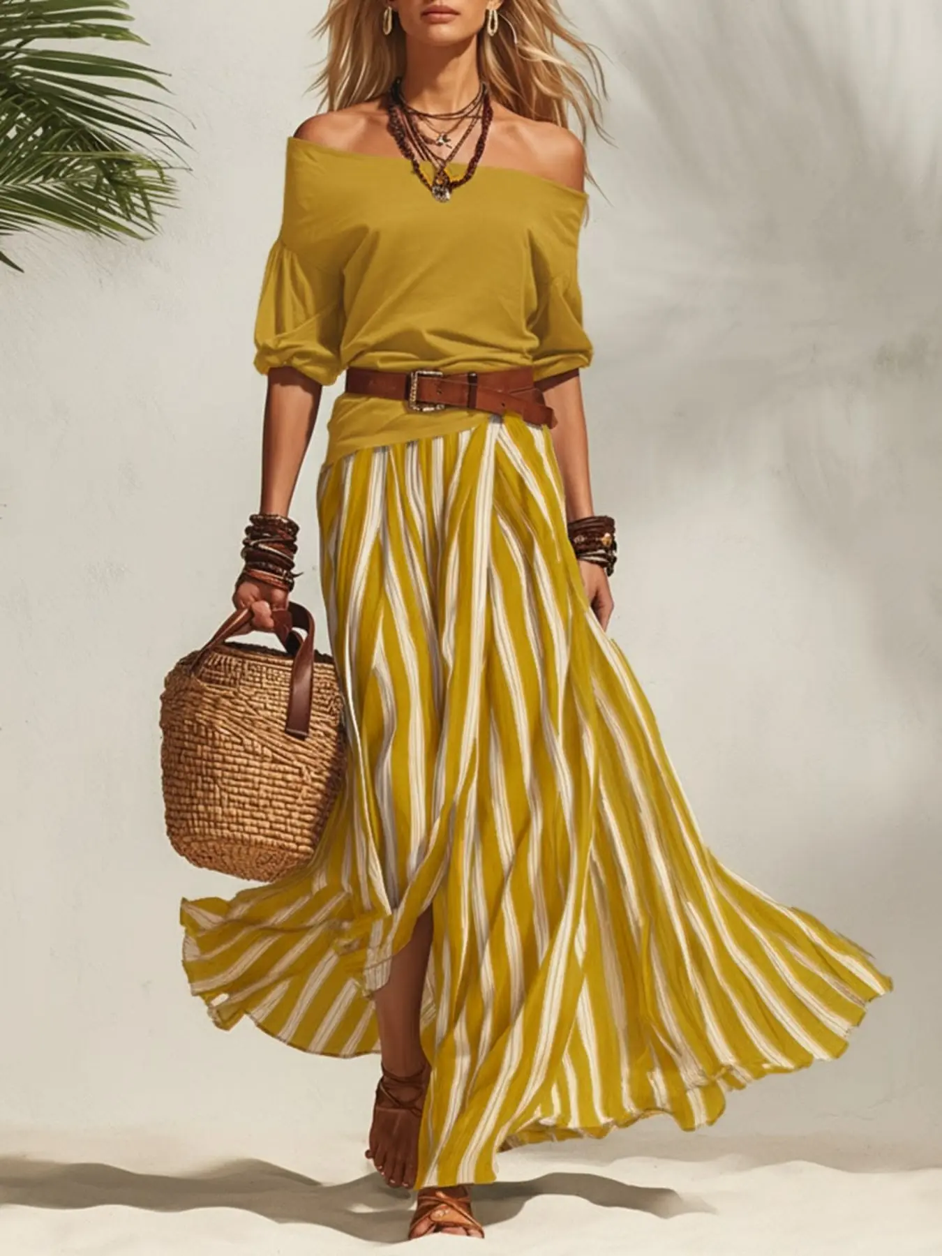 2026 Creative Chic Summer Off-Shoulder Puff Sleeve Top, Vertical Stripes and Drape, Casual Midi Striped Skirt Set, Fashionable Women's