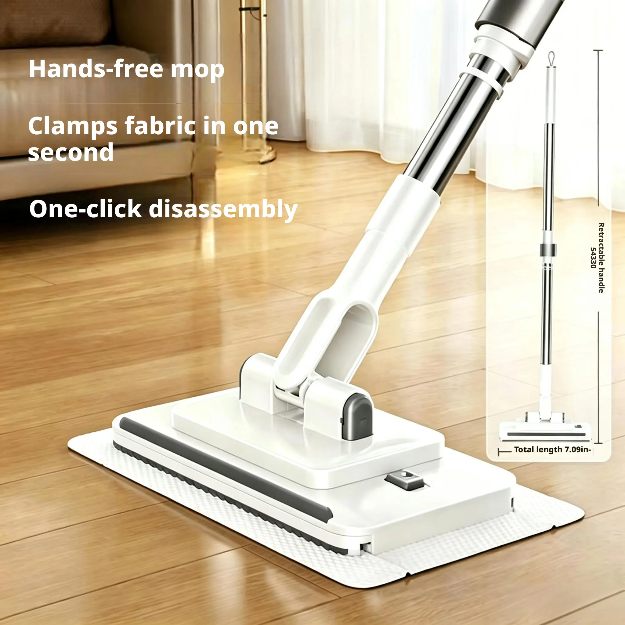 Clamping-Type Foldable Telescopic Disposable Flat Mop - Adjustable Extendable Long Handle, Hands-Free Automatic Clamp Head, Dry Wet Clean, Replaceable Non-Woven Fabric Pads, Easy Mopping Tool for Wooden, Tile Floors (Replace Pads Available)