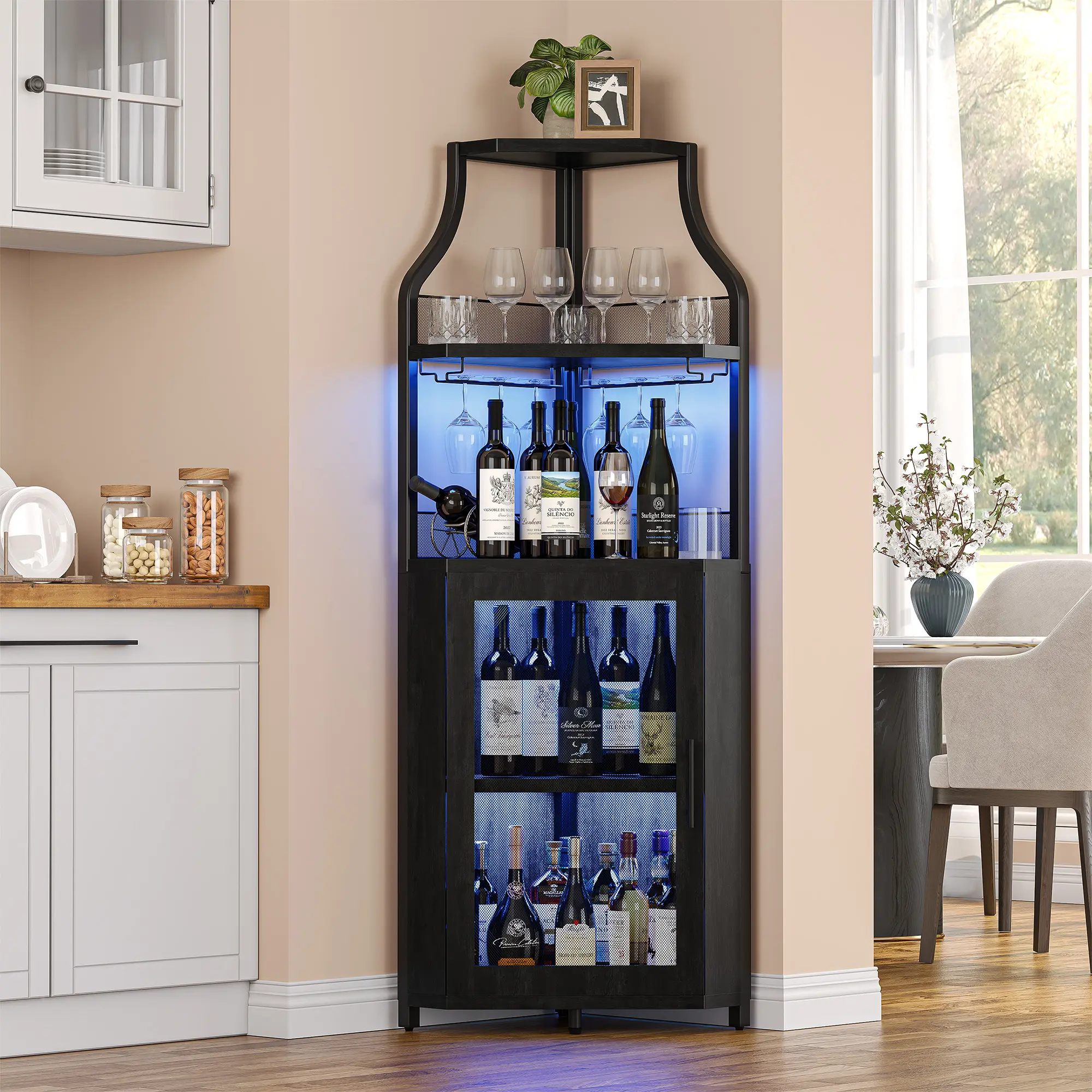 Rustic Brown 5-Tier Corner Wine Bar Cabinet with LED Lights, Sturdy Base, Built-in Wine Rack & Glass Holder, Adjustable Shelves Freestanding Liquor Storage Sideboard for Living Room, Kitchen, Corner Cabinet