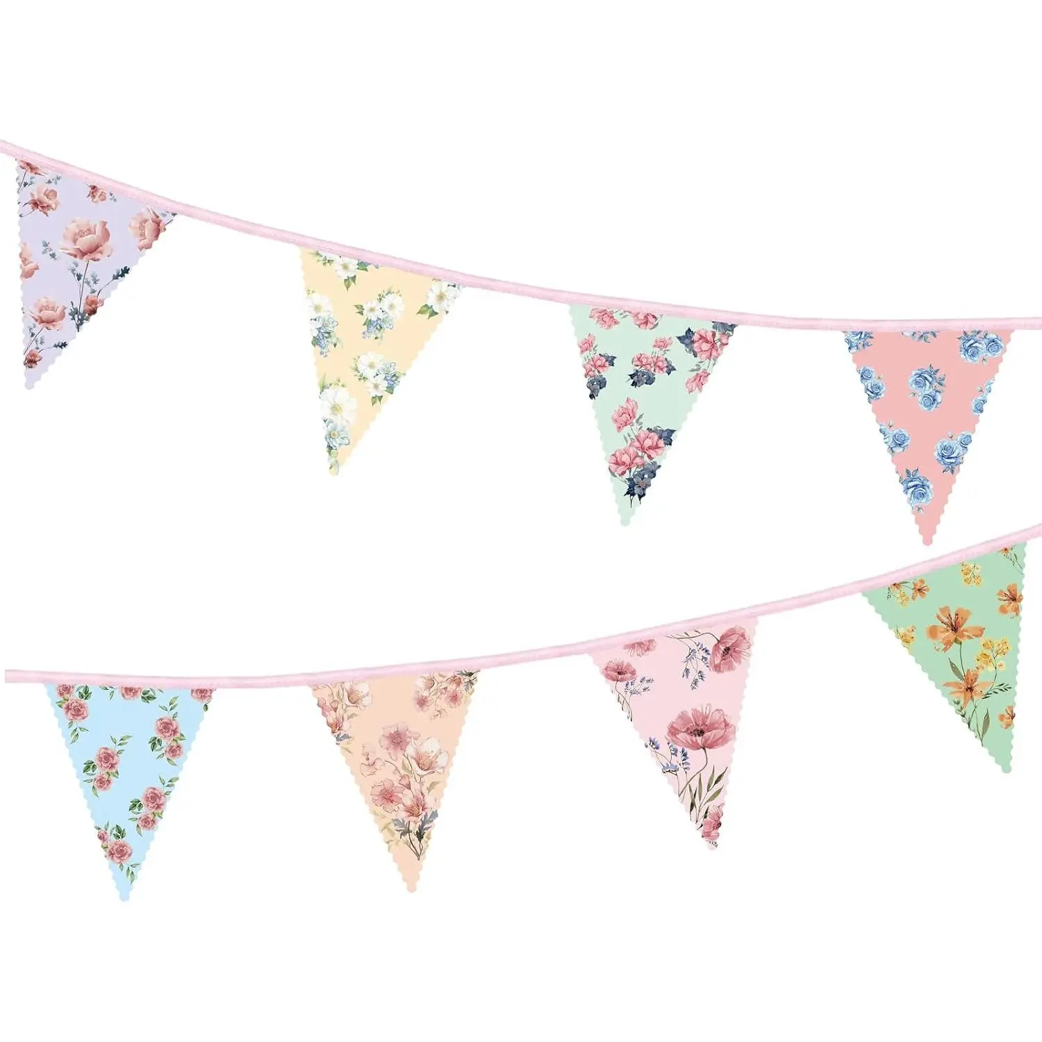 Modern Pre-Strung Synthetic Floral Paper Garland - 2-Count Wildflower Triangle Bunting Banner, 13ft Easy Hanging Decoration for Mother’s Day, Wedding Events