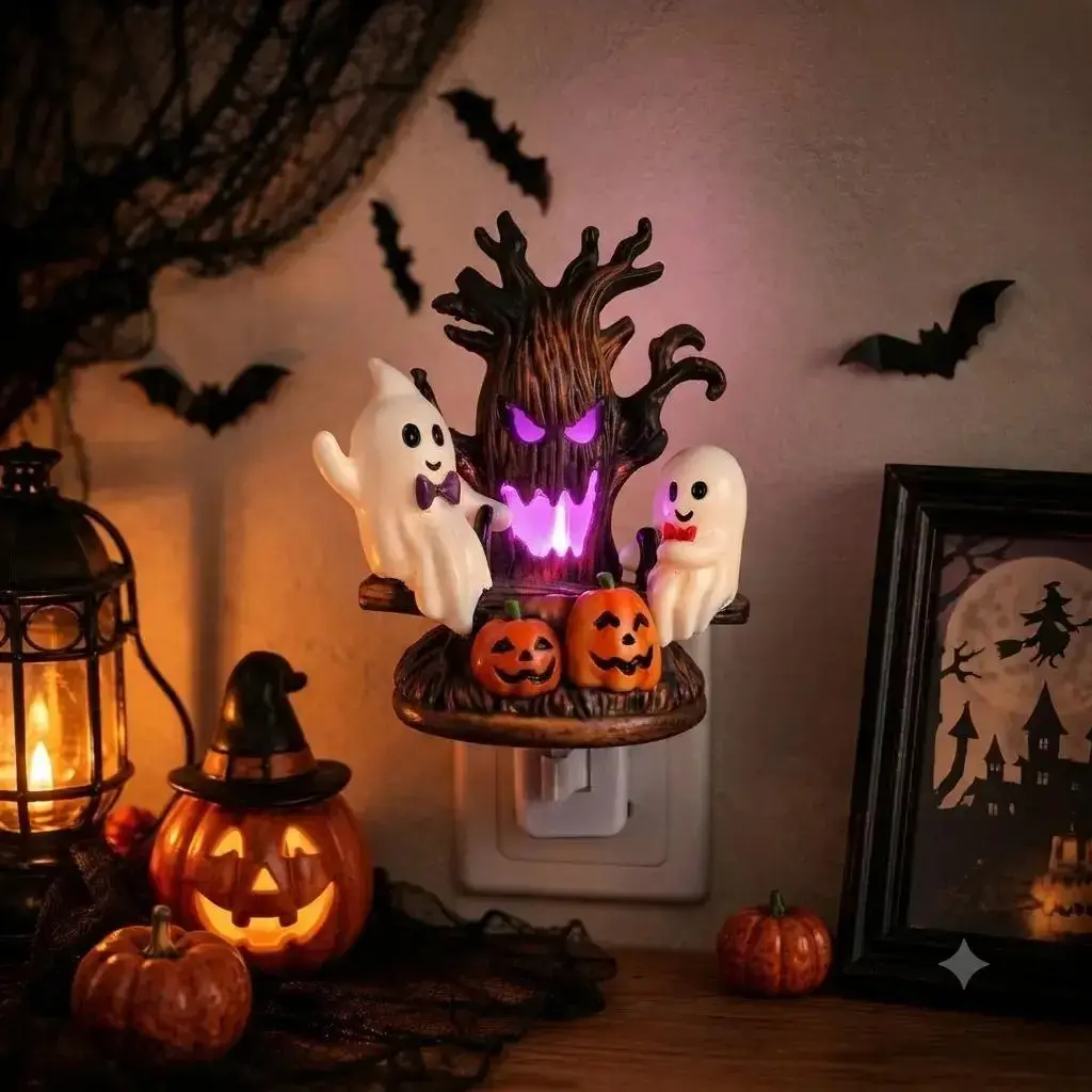 Viral Halloween Ghost Night Light Cute Swinging Phantom Lamp with Resin Figurine Spooky LED Bedside Desk Decor Gothic Haunted House Atmosphere Fun Gift for Festival Party, Bedroom Decor, Bathroom Decor Ideas