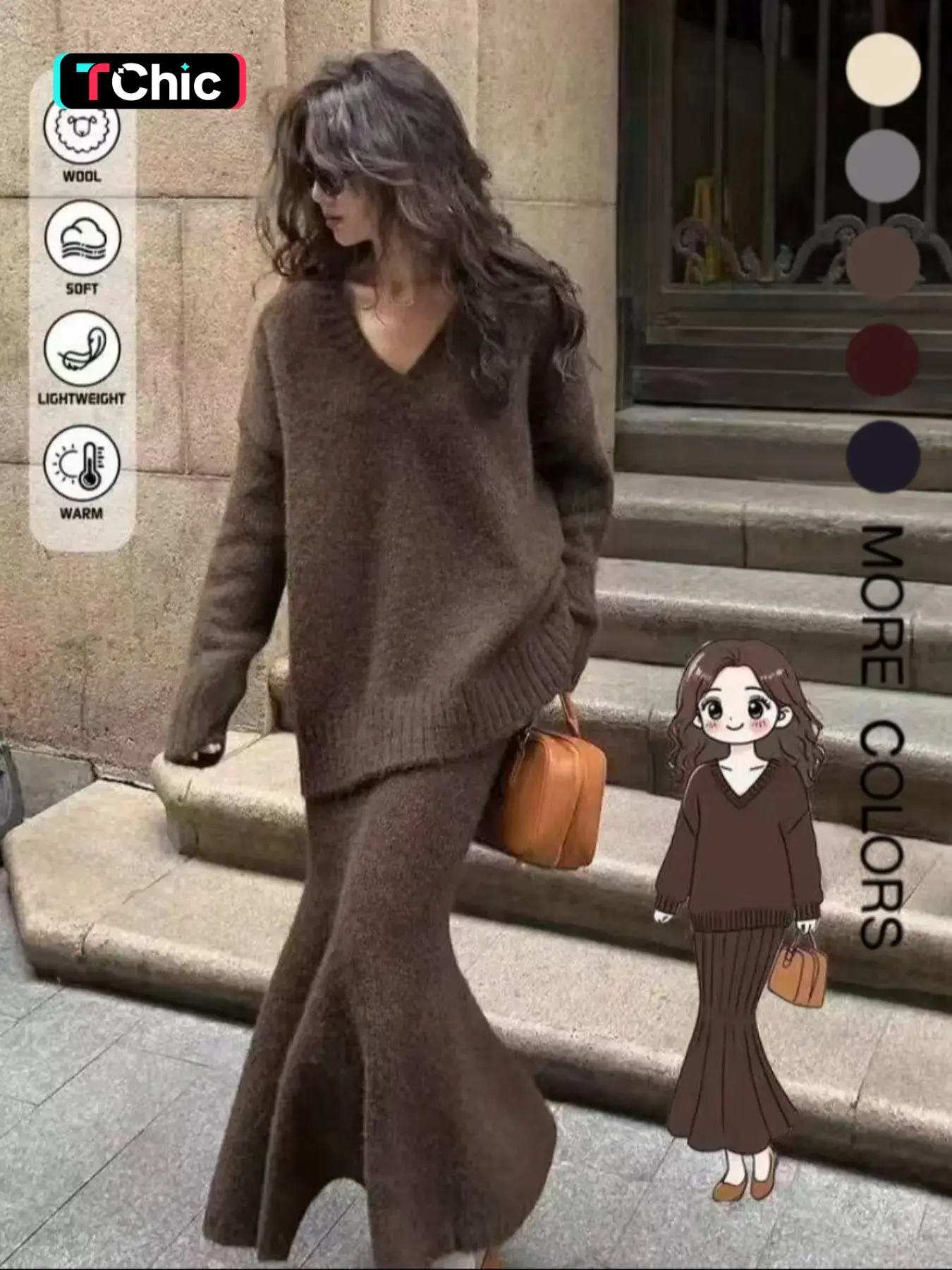 Women's V-Neck Baggy Pullover Sweater Dress Set, Casual Everyday Fashion Chic Two-Piece Knitwear, Autumn Winter New Arrival, Comfortable and Elegant Style, Outfit