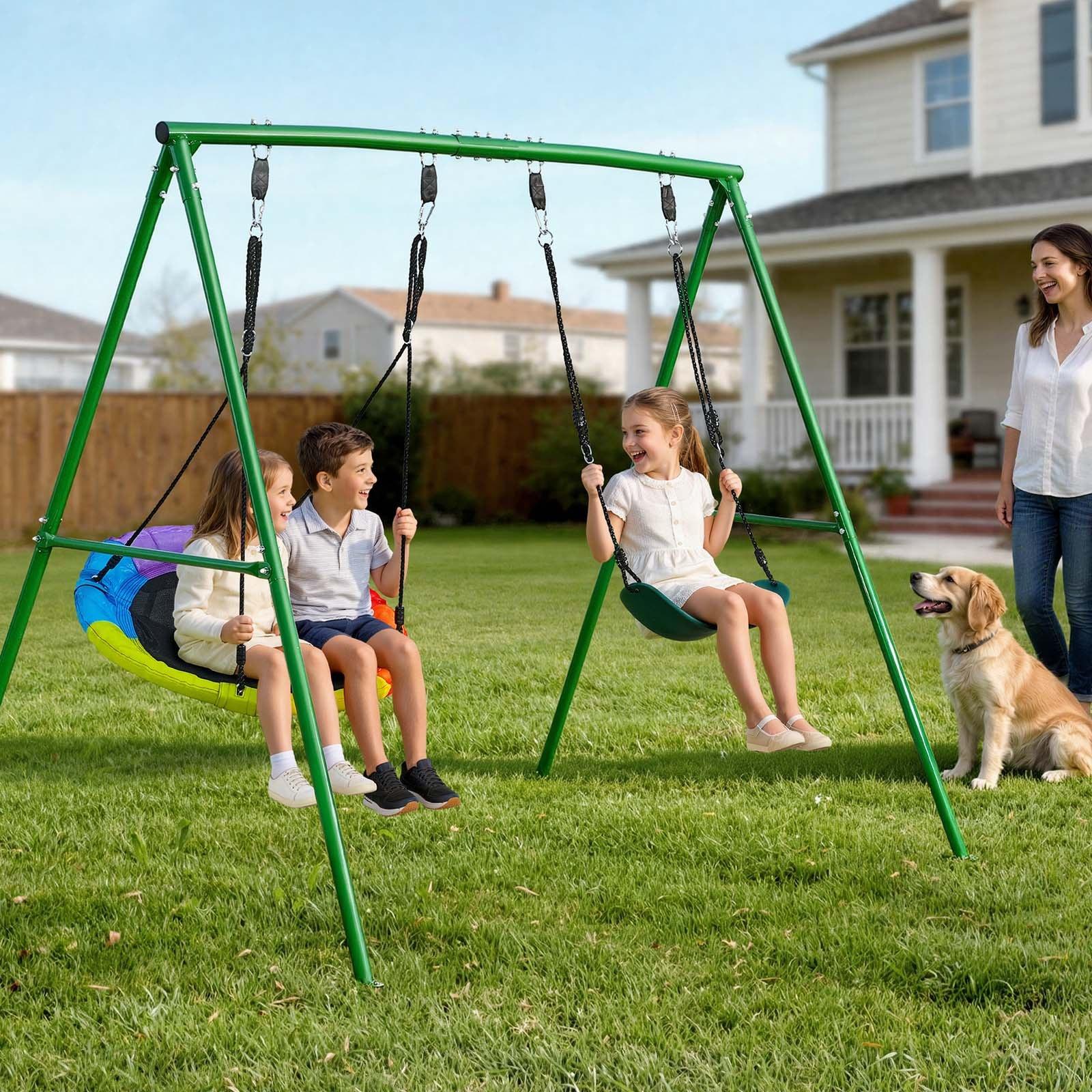 【Summerfinds】VEVOR Unisex Carbon Steel Backyard Playground Equipment, 32-in Adjustable Saucer & Belt Seats, Heavy-Duty A-Frame Stand, 440-lbs Load Capacity, Spiral Ground Anchor Reinforcement, Sturdy Swinging Outdoor Gear for Long-Term Use