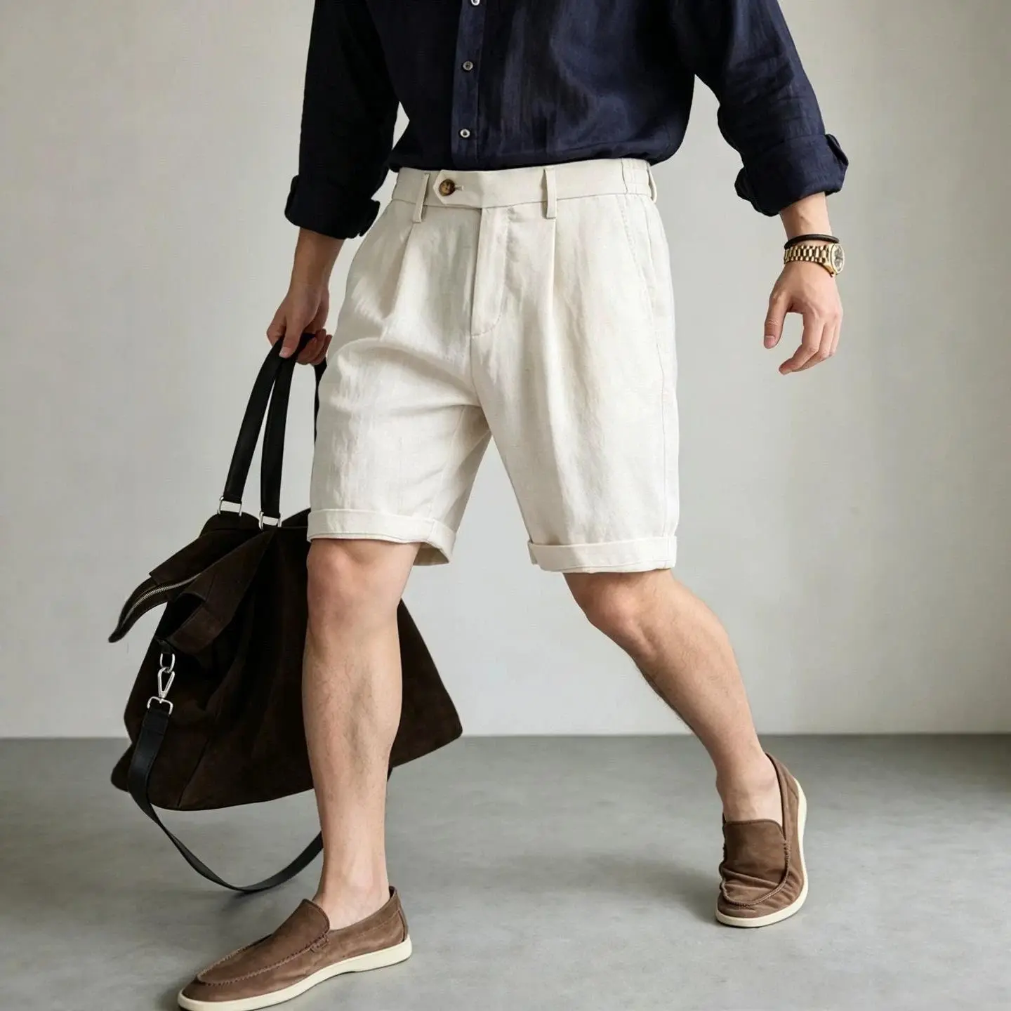 Men’s Lyocell Cotton Pleated Bermuda Shorts, Relaxed Straight-Leg Mid-Length Tailored Shorts, Lightweight Summer Old Money Smart Casual Commuter Shorts
