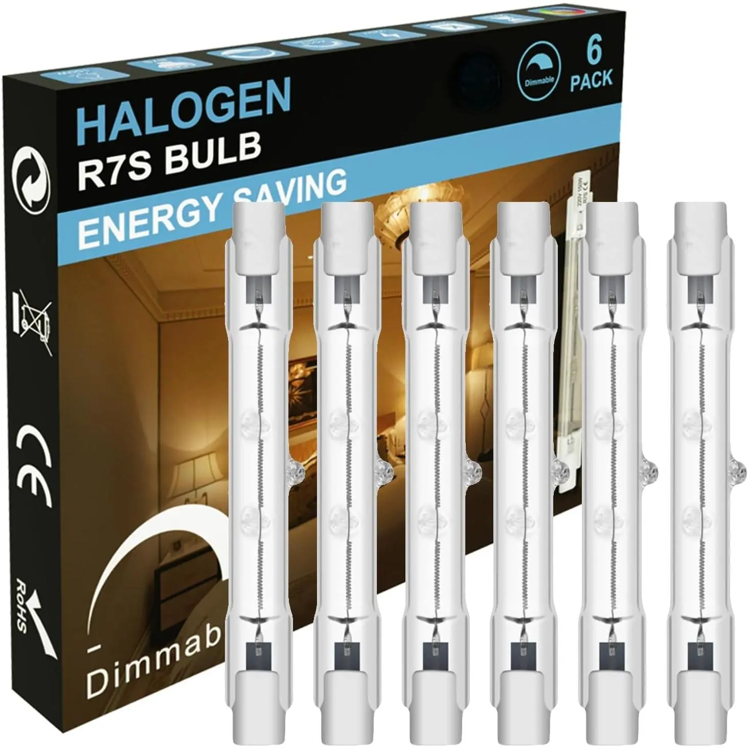 R7S Halogen Bulbs - 120V 150W 6-Pack J-Type Bulb, T3 Shape, J78mm, 3-in Long, Dimmable Light, Energy Saving Double-Ended Flood Lights for Work, Security