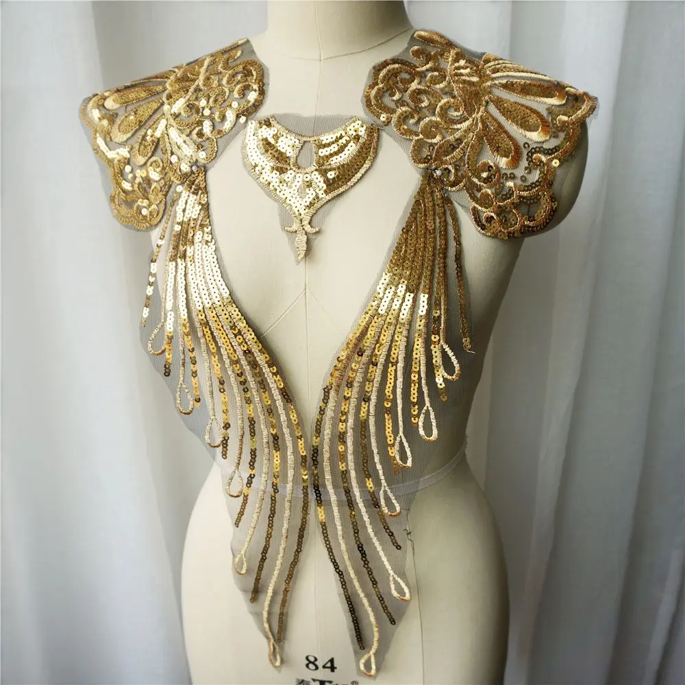 Embroidery Lace Applique Gold Sequin Embroidered Sequins Flower Wedding Noble Gown Sewing Black Tulle Fabric DIY Bridal Dress Decoration Crafts