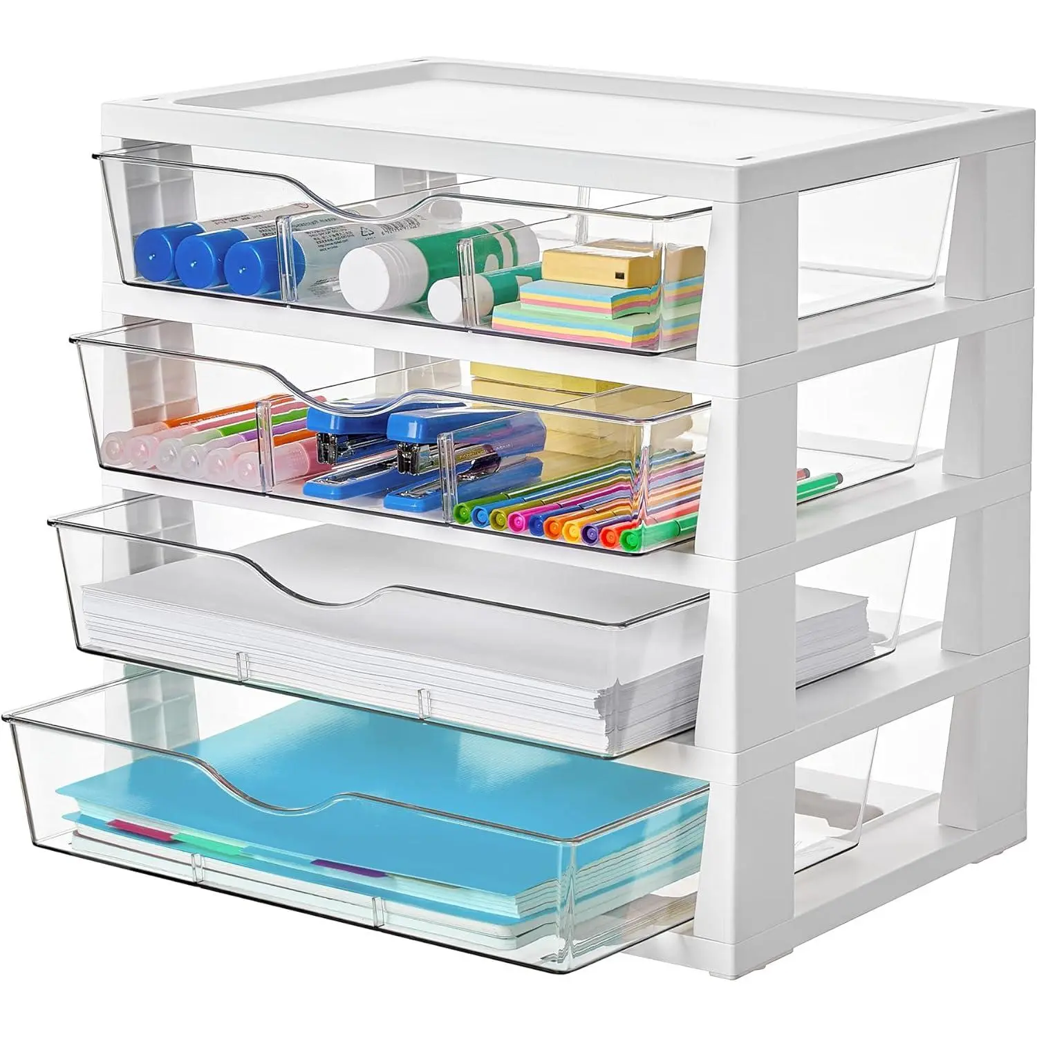 Clear Desktop Organizer, 4-Tier Drawer Storage with Dividers