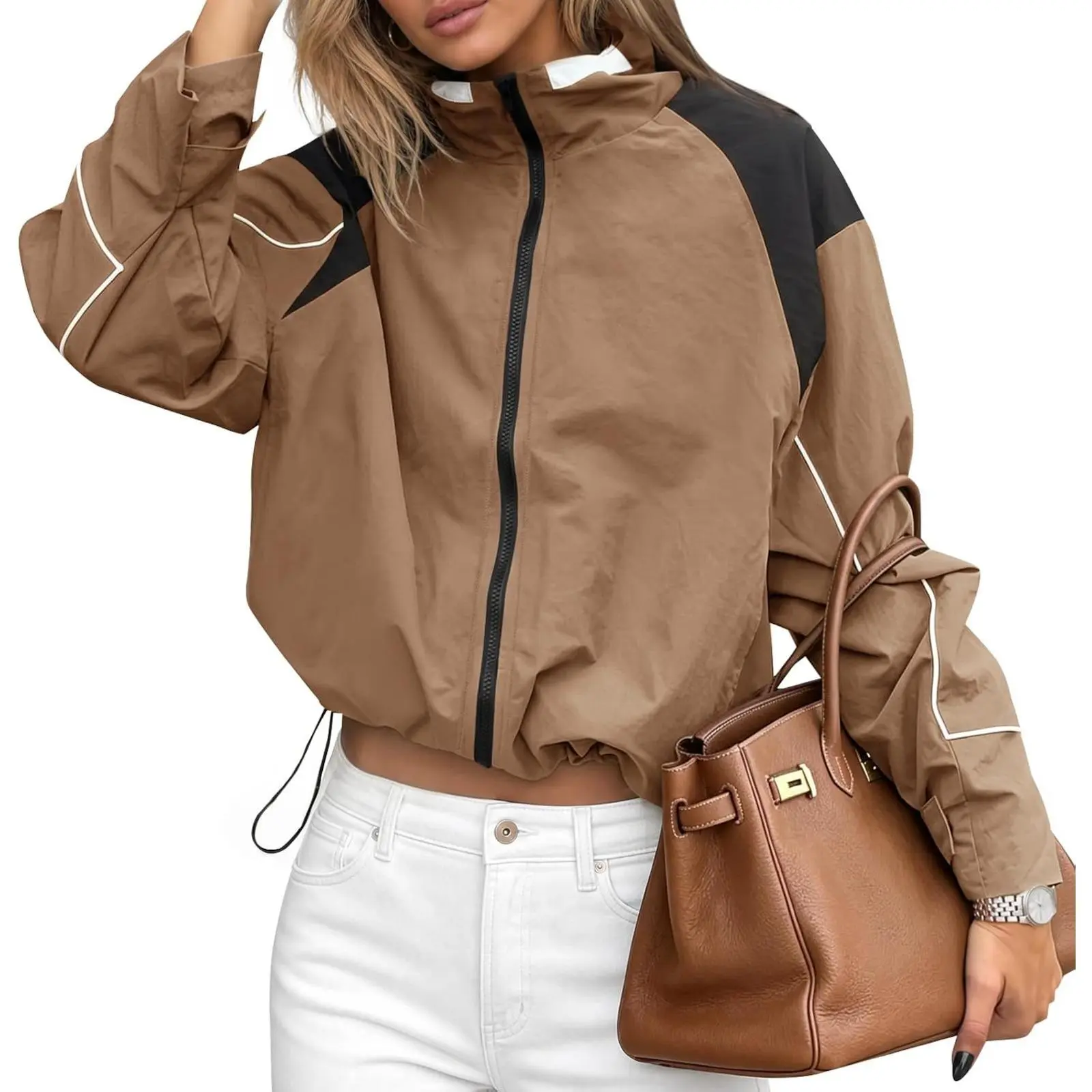 Yousify Women's Lightweight Cropped Zip-Up Windbreaker - Utility Anorak Jacket with Pockets, Women's Tops Outerwear, Scoop Neck, Polyamide Fabric, Machine Washable, Medium Length, Knitting, Racerback