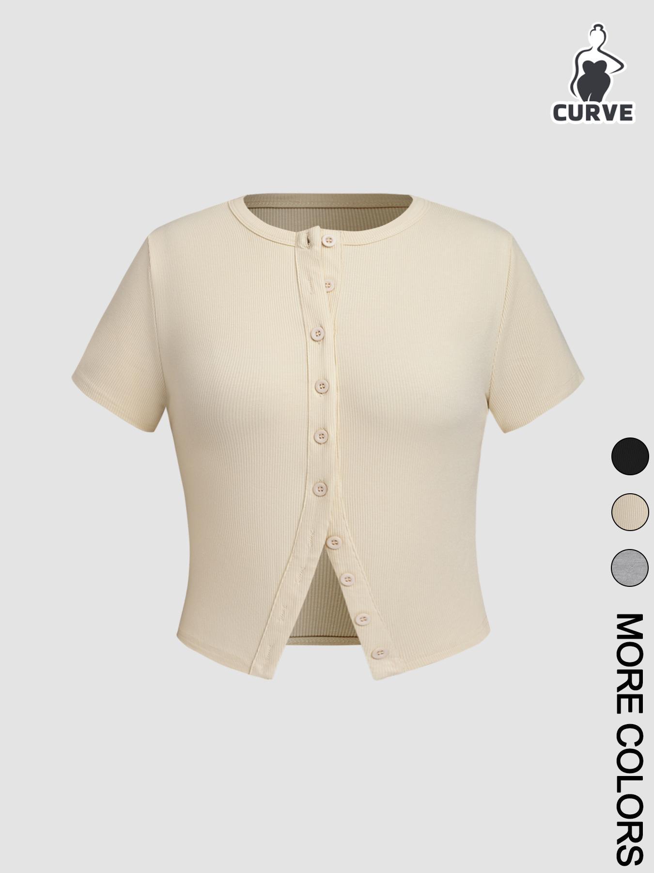 【Plus Size】 Solid Color Button Tee, Casual Short Sleeve Round Neck T-shirt for Daily Wear, Women Plus Clothing for Summer, Casual Fashionable Top, Top