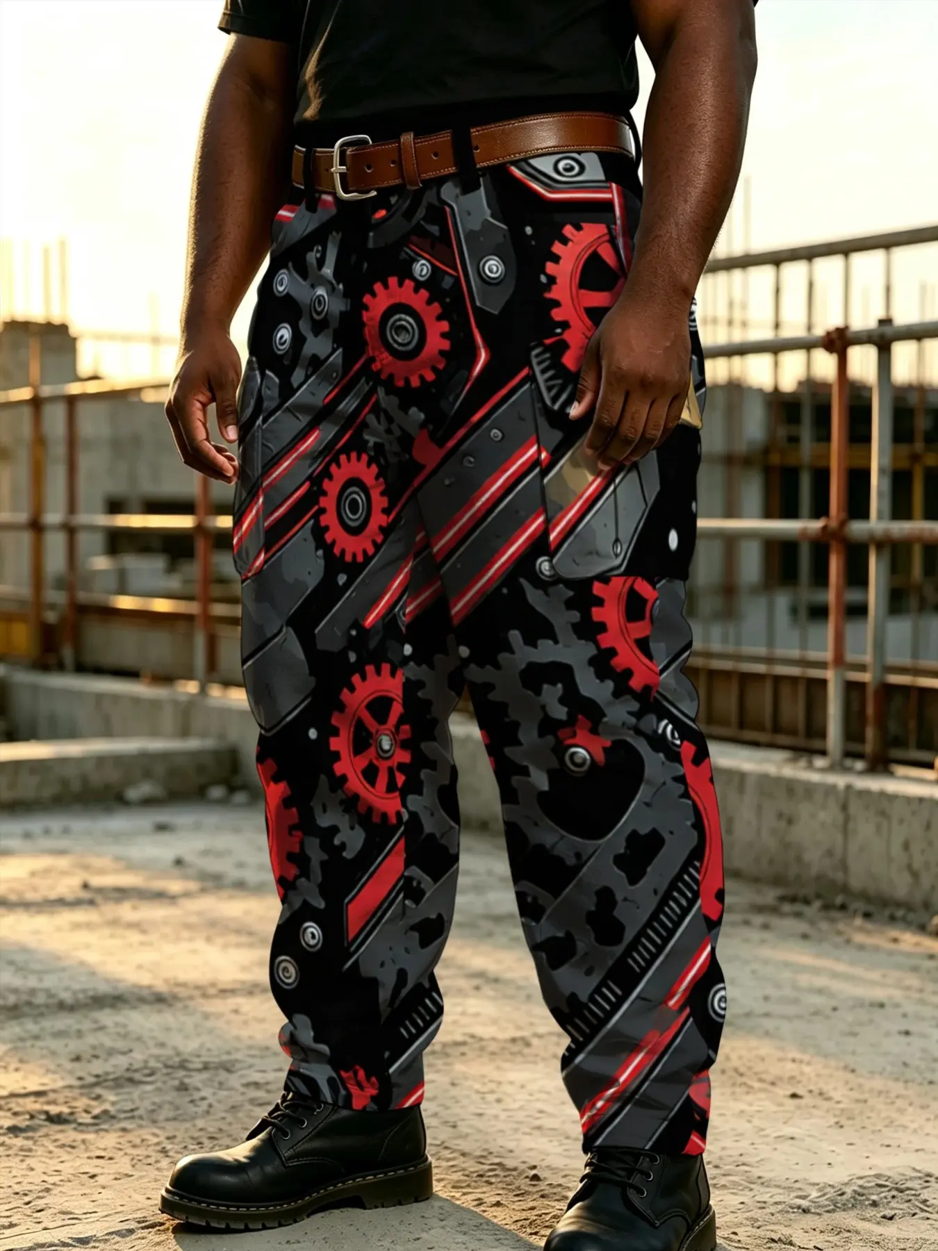 Plus Size Men's Red and Black Mechanical Gear Cyberpunk Work Pants, Steampunk Full-Print Multi-Pocket Trendy Casual Long Pants