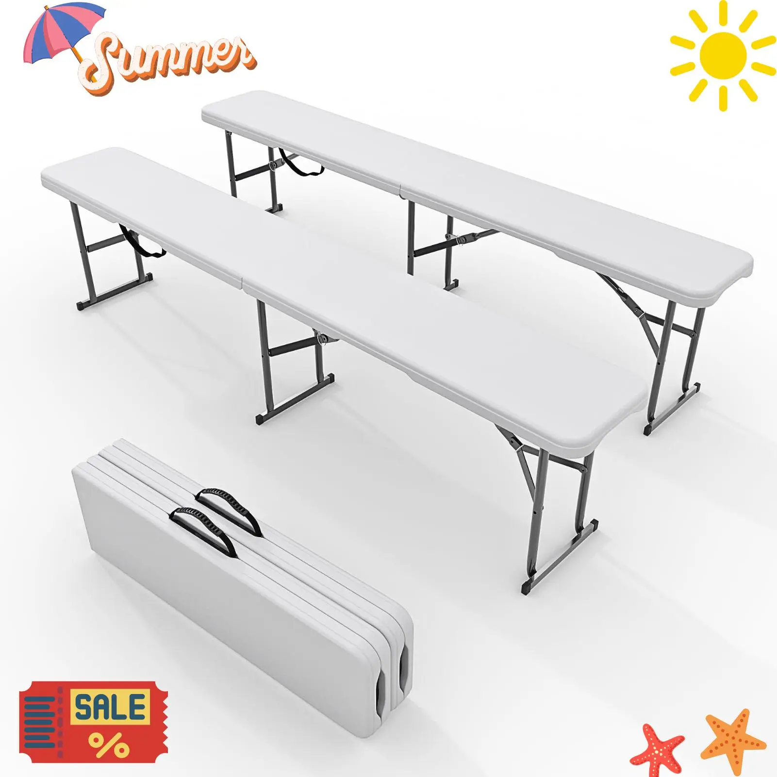 【Summer Sale】2-Pack 6 FT HDPE Plastic Folding Benches with Metal Frame, Portable Camping Dining Seats (Seats 3-4), for Outdoor Garden Patio Party & Indoor Multipurpose Use, White