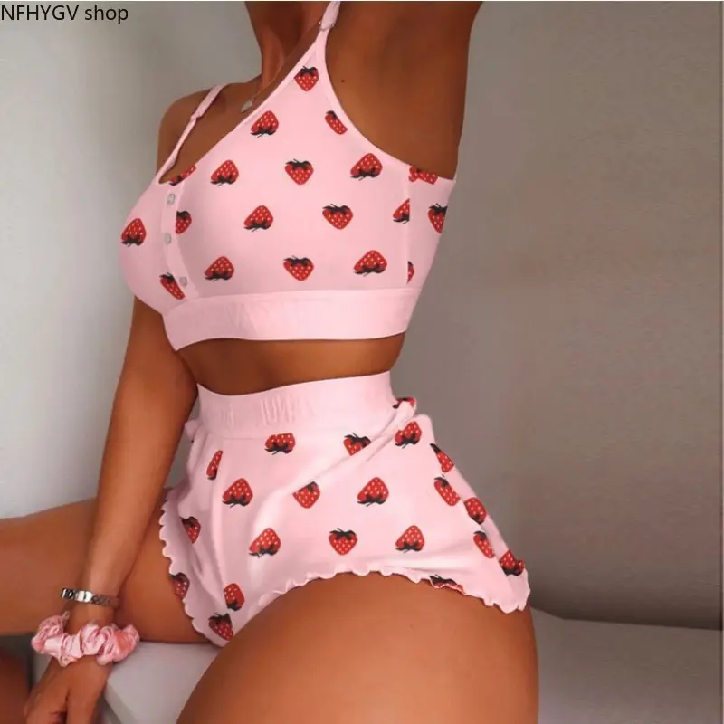 Pink Strawberry Print Thin Spaghetti Strap Crop Cami Ruffle Hem Shorts Pajama Set, Soft Two Piece Loungewear, Casual Sleepwear For Women Bedroom Relax Skincare And Indoor Daily Outfit