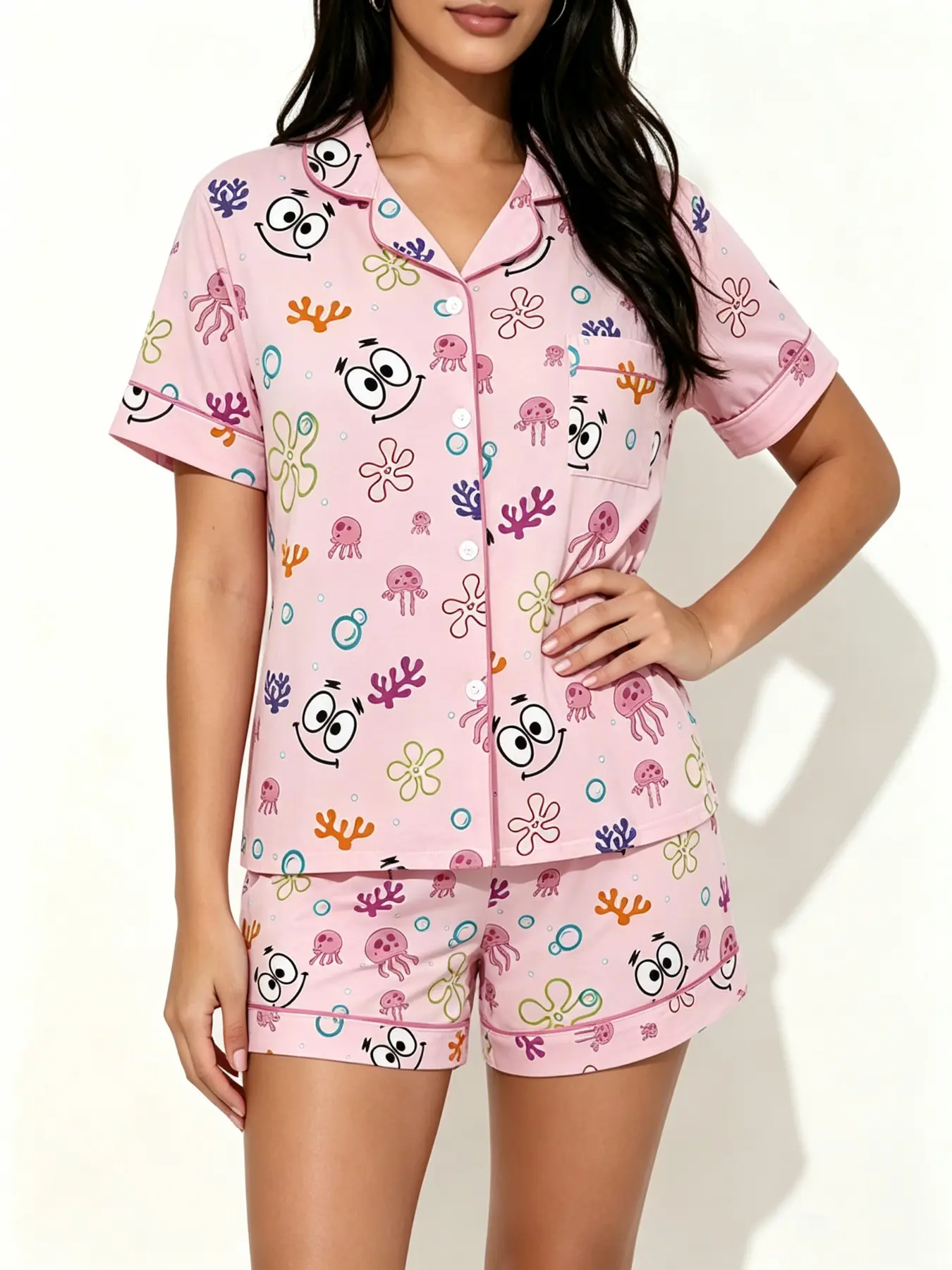 Teen Starfish Cartoon Print Pajama Set, Short Sleeve Slim Fit, Button, Casual Summer Sleepwear, Comfortable Home Wear, Perfect Gift for Teens