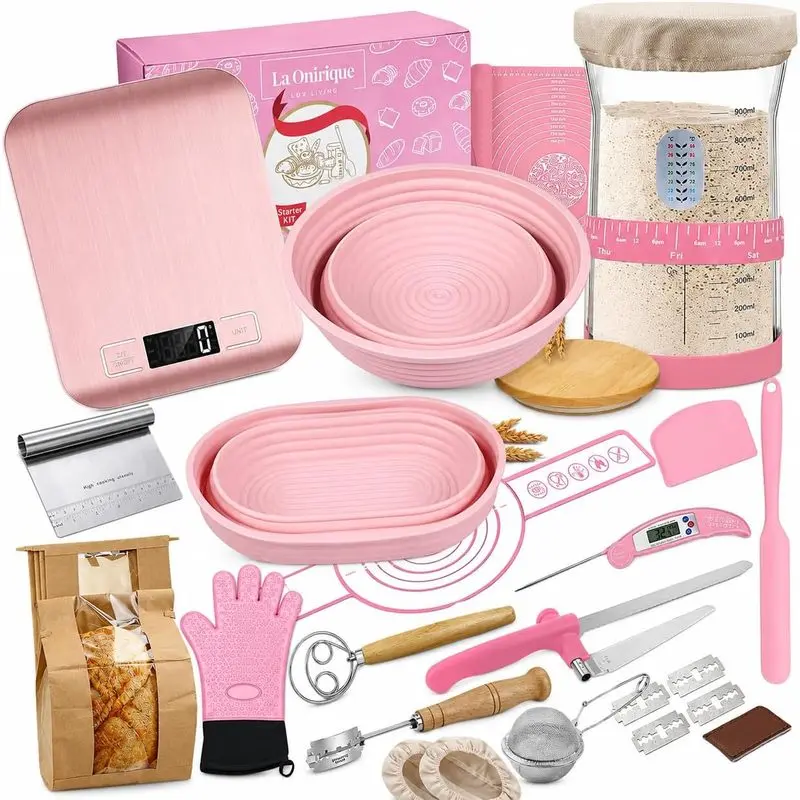 Pink Sourdough Starter Kit with Silicone Proofing Baskets, 36oz Starter Jar, Kitchen Scale, Thermometer, Danish Whisk, Baking Mat, Dough Scrapers, Banneton Bread Proofing Baskets – Bread Baking Set
