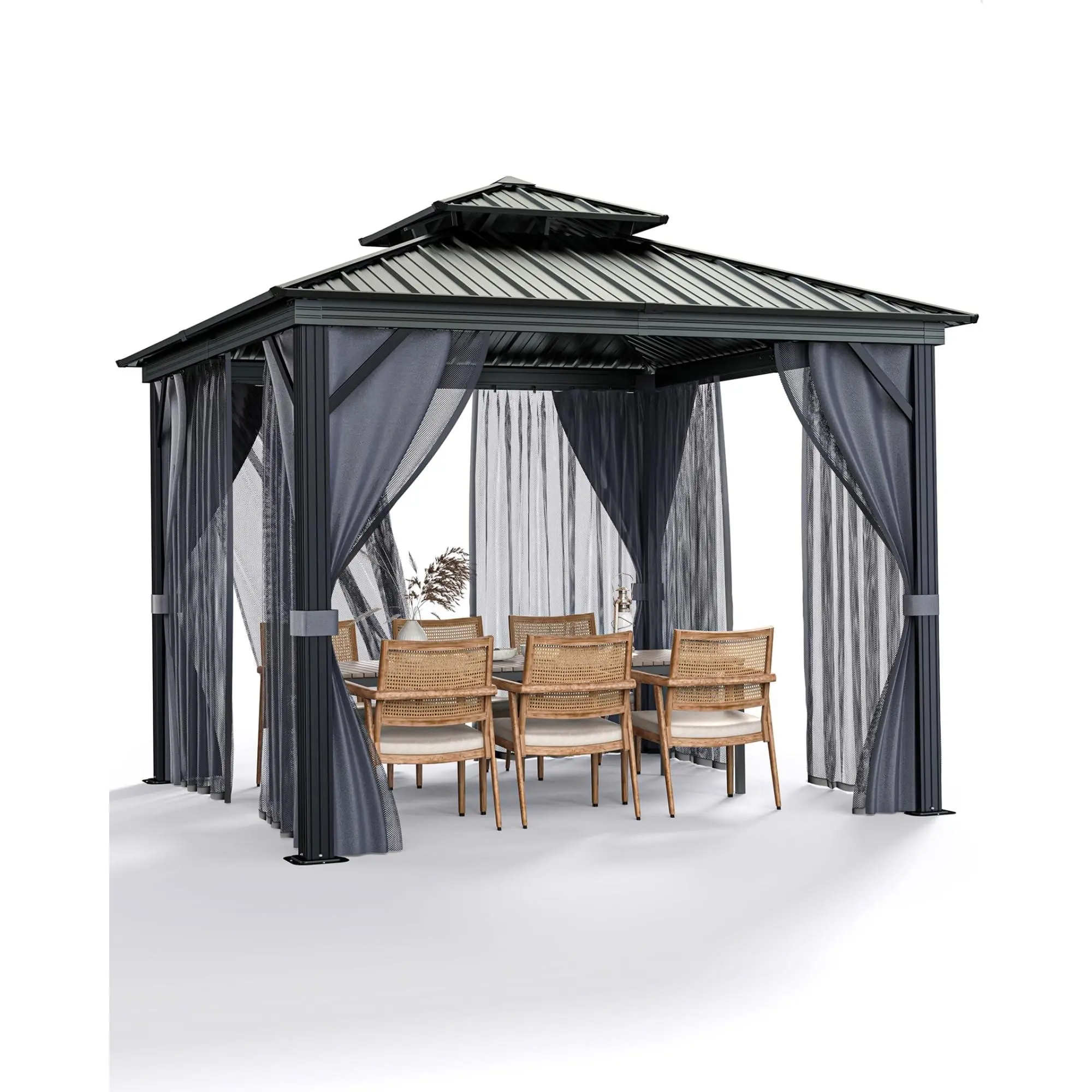 10x10 Ft Square Hardtop Gazebo with Galvanised Steel Frame, Double Roof, Weatherproof Netting & Curtains, Large Space